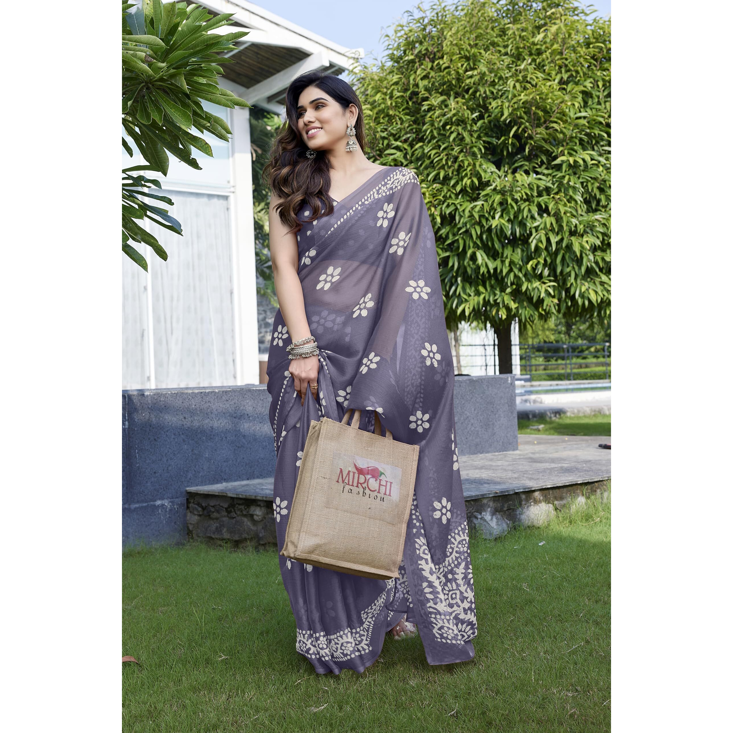 MIRCHI FASHION Womens Plain Weave Chiffon Batik Printed Saree with Blouse Piece (38970- Dusty Lavender, White)