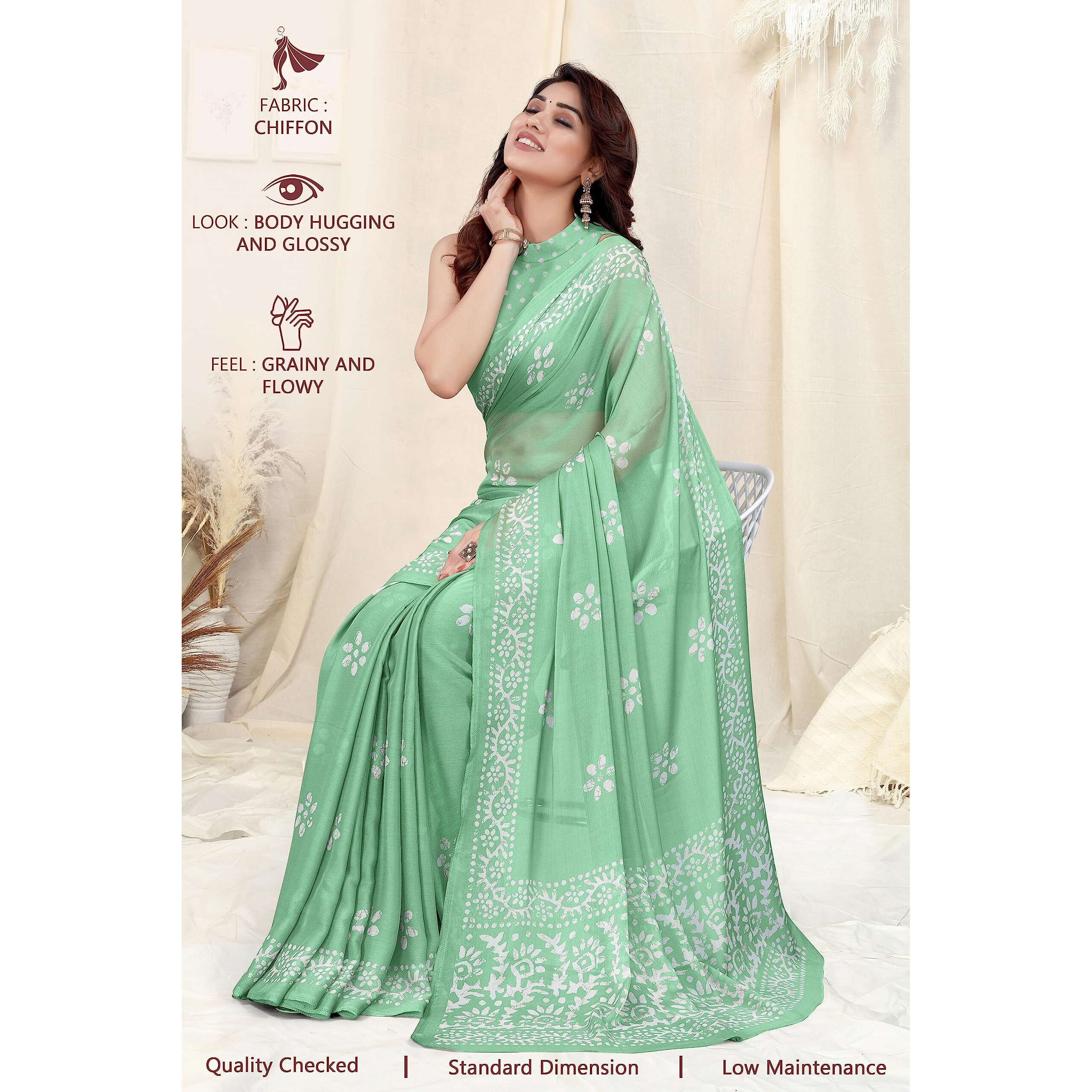 MIRCHI FASHION Womens Latest Chiffon Batik Printed Saree with Blouse Piece (Pista Green, Off White)