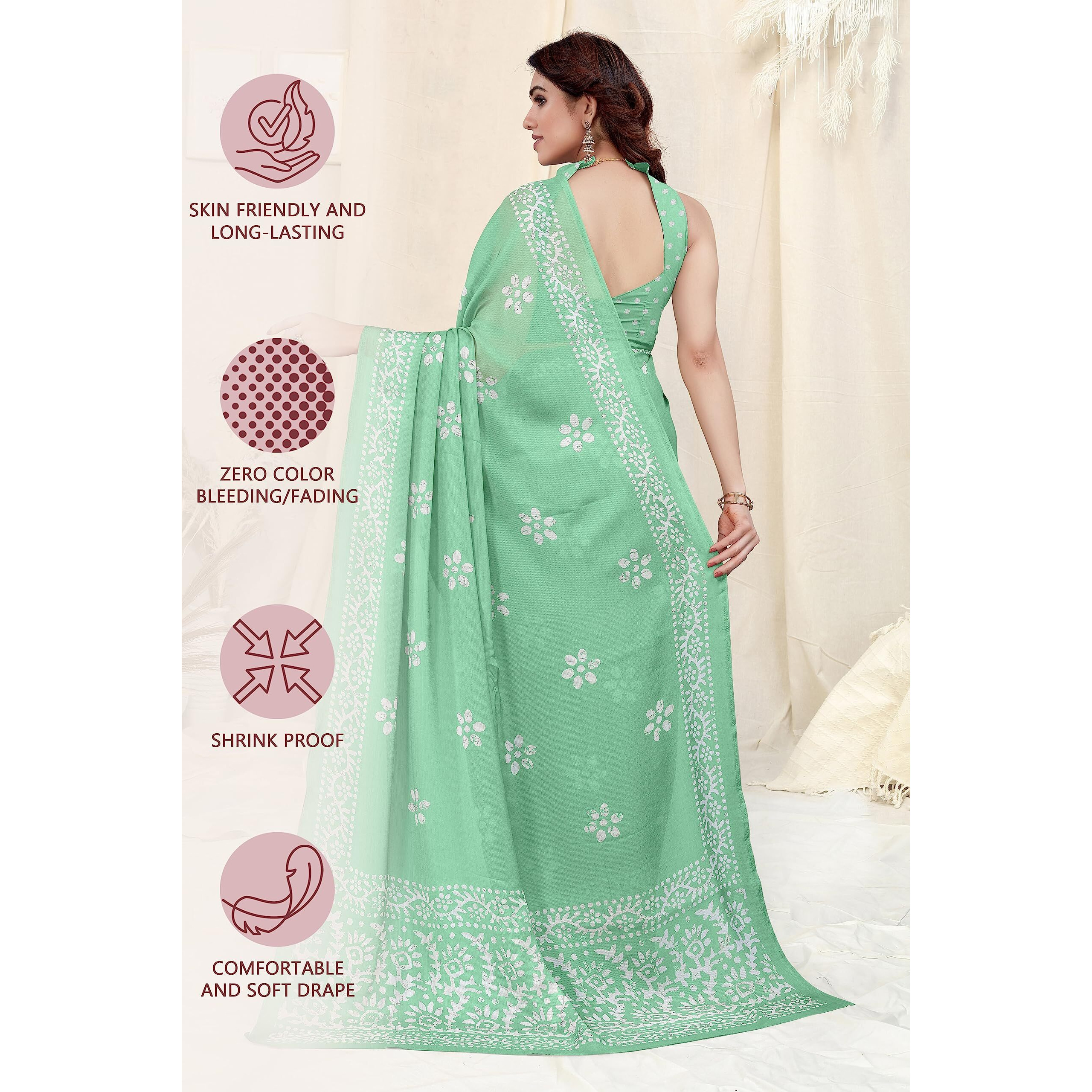 MIRCHI FASHION Womens Latest Chiffon Batik Printed Saree with Blouse Piece (Pista Green, Off White)