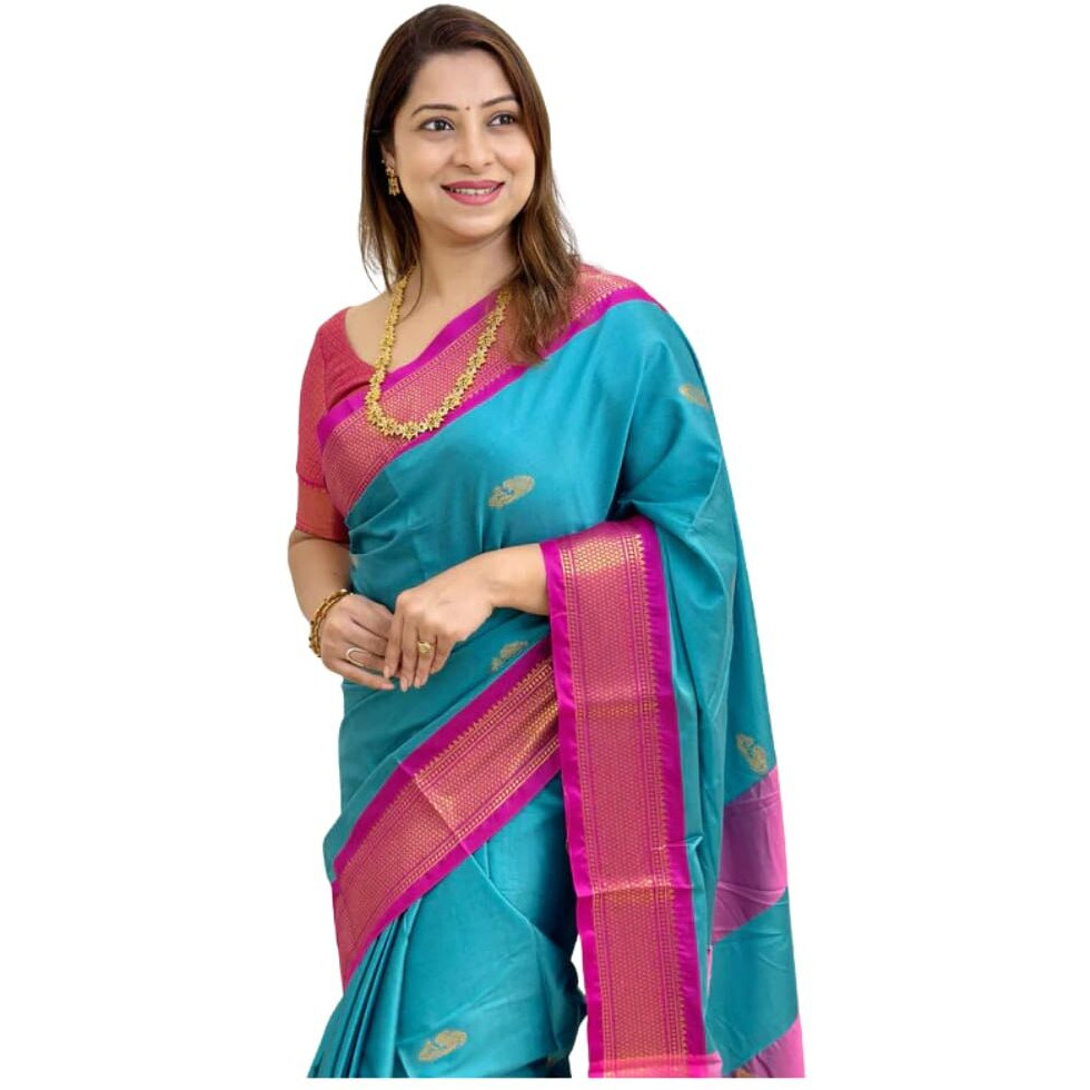 SGF11 Womens Kanjivaram Soft Lichi Silk Saree With Blouse Piece (Light Blue Pink)