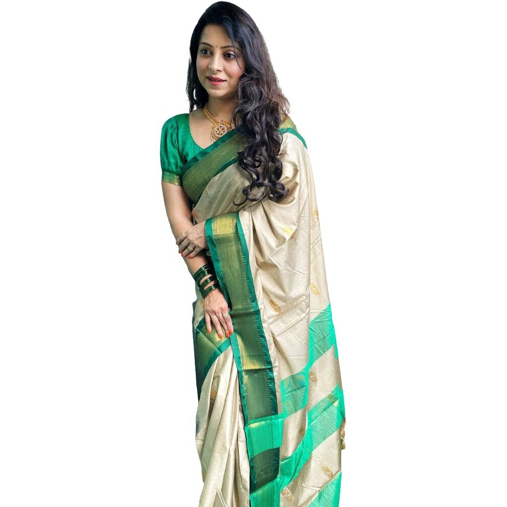 SGF11 Womens Kanjivaram Soft Lichi Silk Saree With Blouse Piece (Cream Green)