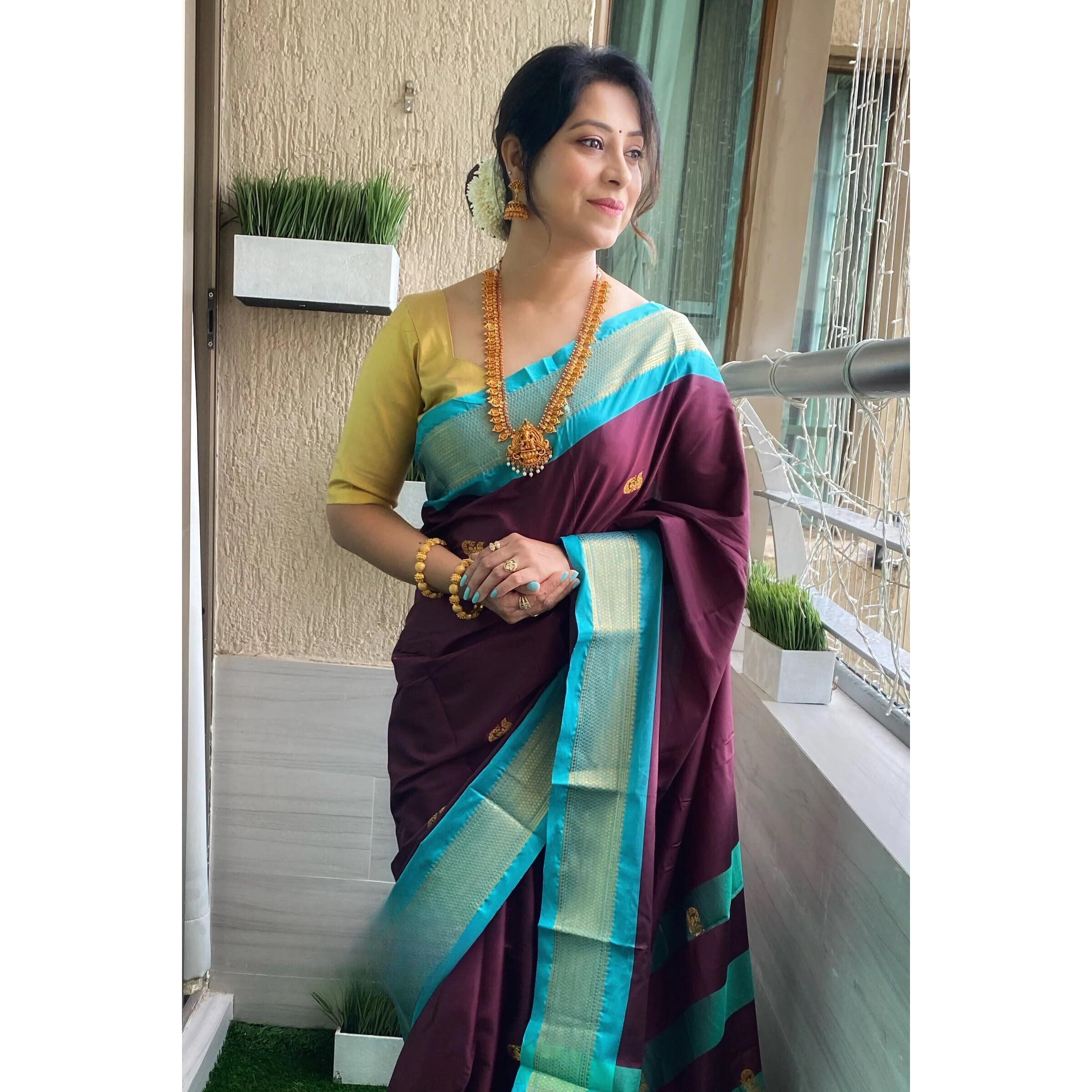 SGF11 Womens Kanjivaram Soft Lichi Silk Saree With Blouse Piece (Purple Blue)
