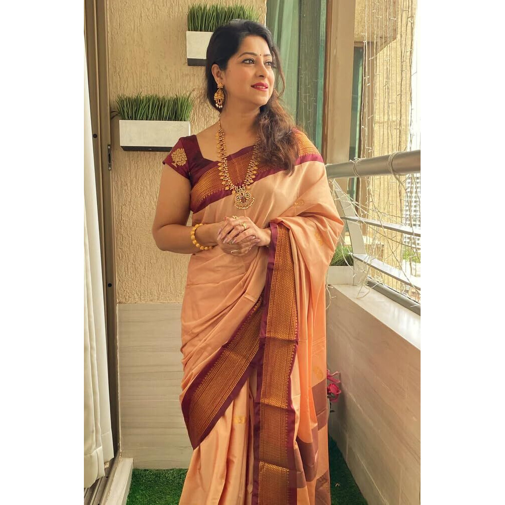 SGF11 Womens Kanjivaram Soft Lichi Silk Saree With Blouse Piece (Peach Maroon)