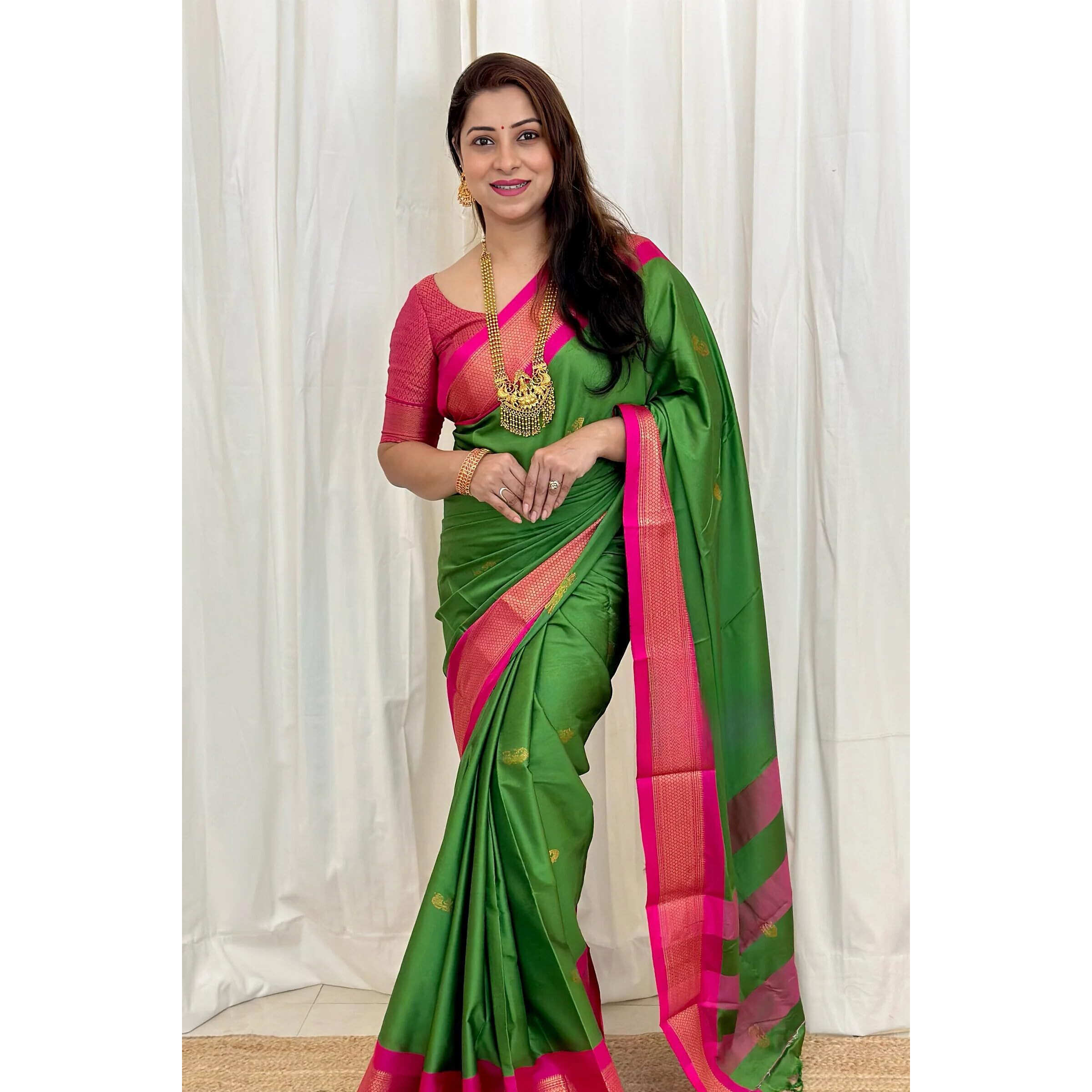 SGF11 Womens Kanjivaram Soft Lichi Silk Saree With Blouse Piece (Green Pink)