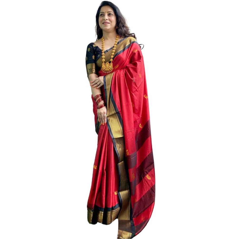 SGF11 Womens Kanjivaram Soft Lichi Silk Saree With Blouse Piece (Red Black)