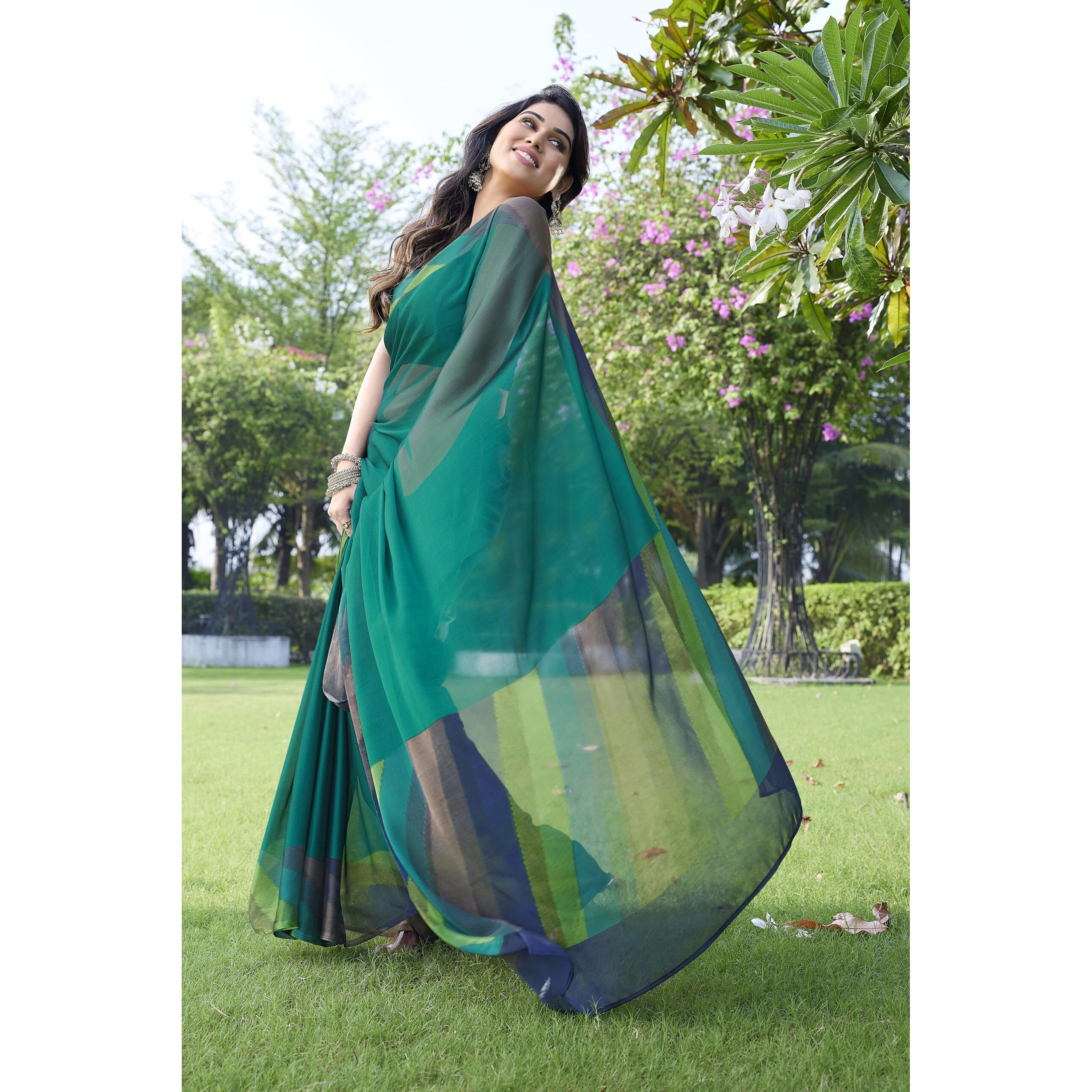 MIRCHI FASHION Womens Plain Weave Chiffon SolidStripe Print Saree with Blouse Piece (38163-Teal)