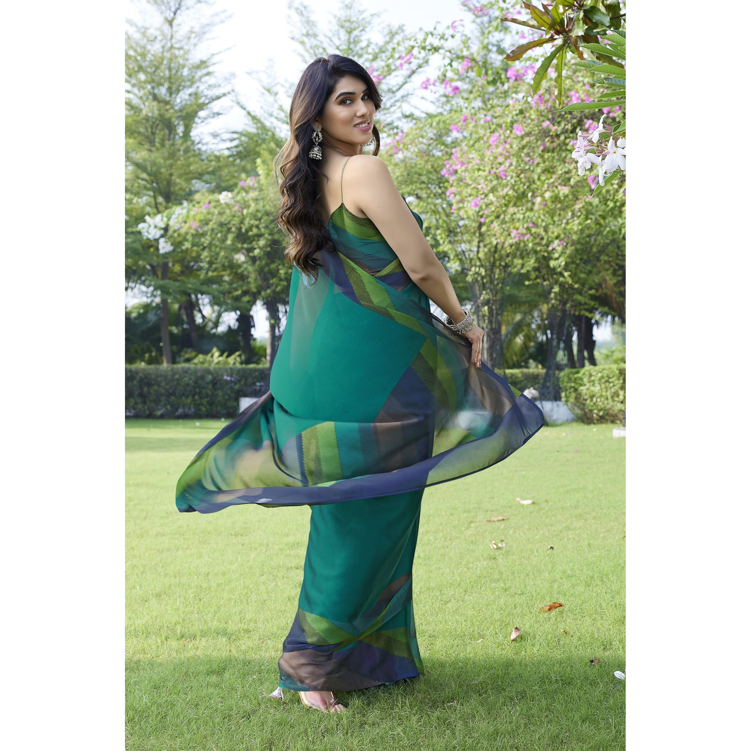 MIRCHI FASHION Womens Plain Weave Chiffon SolidStripe Print Saree with Blouse Piece (38163-Teal)