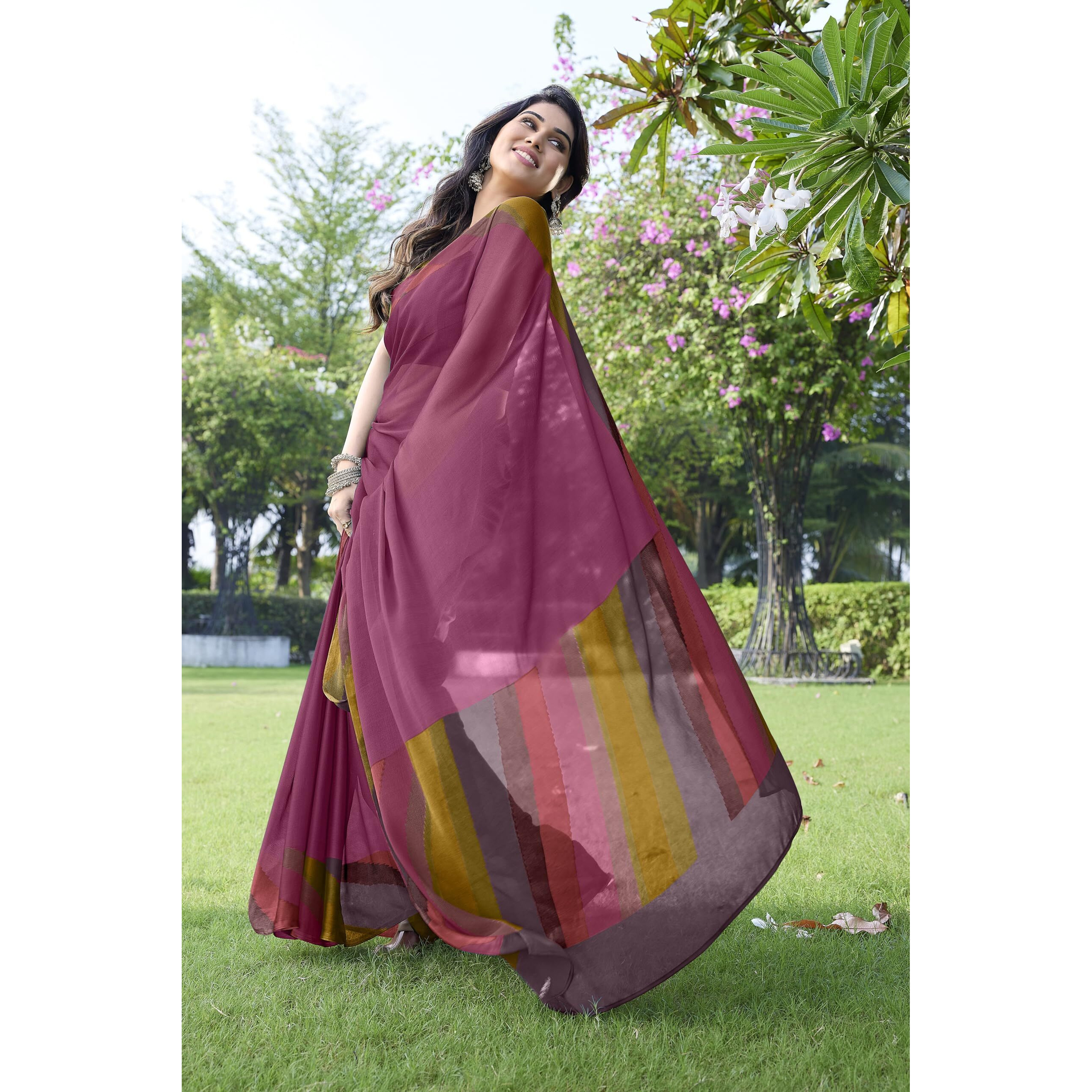 MIRCHI FASHION Womens Plain Weave Chiffon SolidStripe Print Saree with Blouse Piece (38165-Magenta)