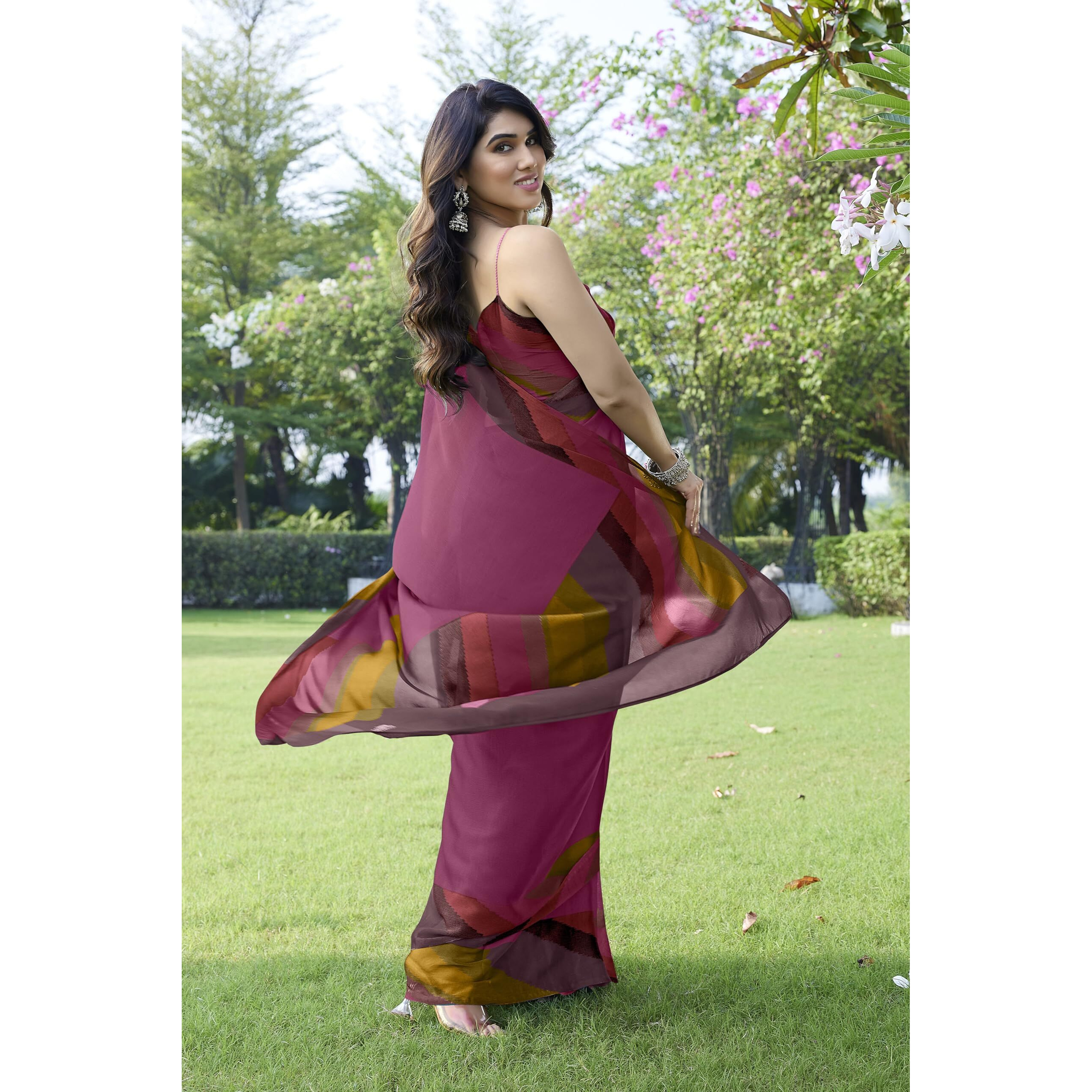 MIRCHI FASHION Womens Plain Weave Chiffon SolidStripe Print Saree with Blouse Piece (38165-Magenta)