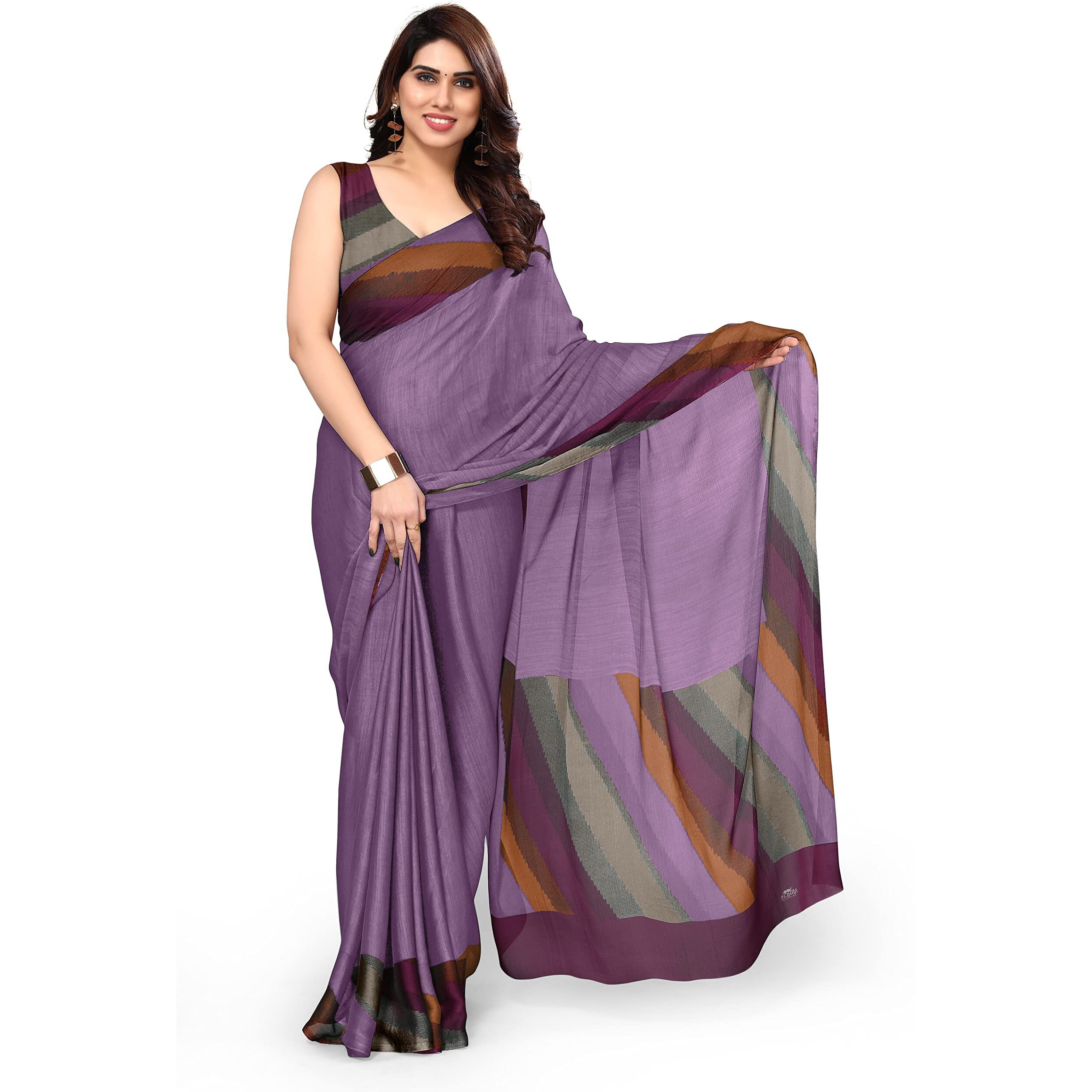 MIRCHI FASHION Womens Plain Weave Chiffon SolidStripe Print Saree with Blouse Piece (38162-Violet)