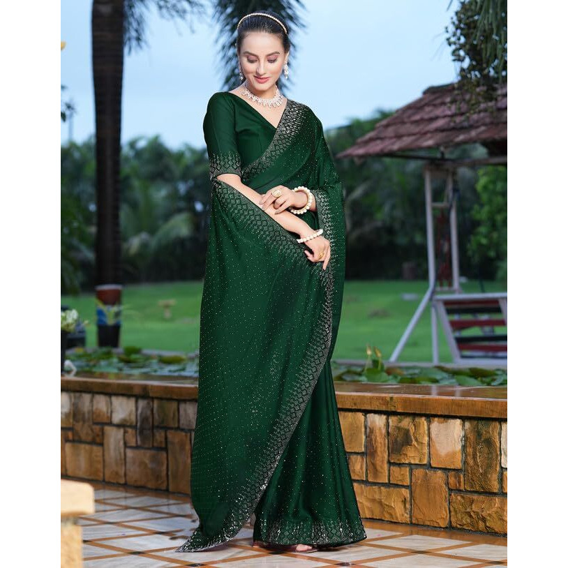SIRIL Womens Hot Fixing Georgette Saree with Unstitched Blouse Piece (3186S134_Dark Green)