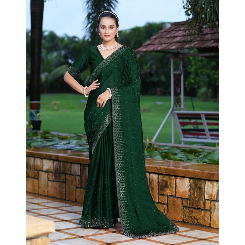SIRIL Womens Hot Fixing Georgette Saree with Unstitched Blouse Piece (3186S134_Dark Green)