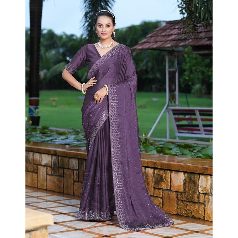 SIRIL Womens Hot Fixing Georgette Saree with Unstitched Blouse Piece (3186S135_Lavender)