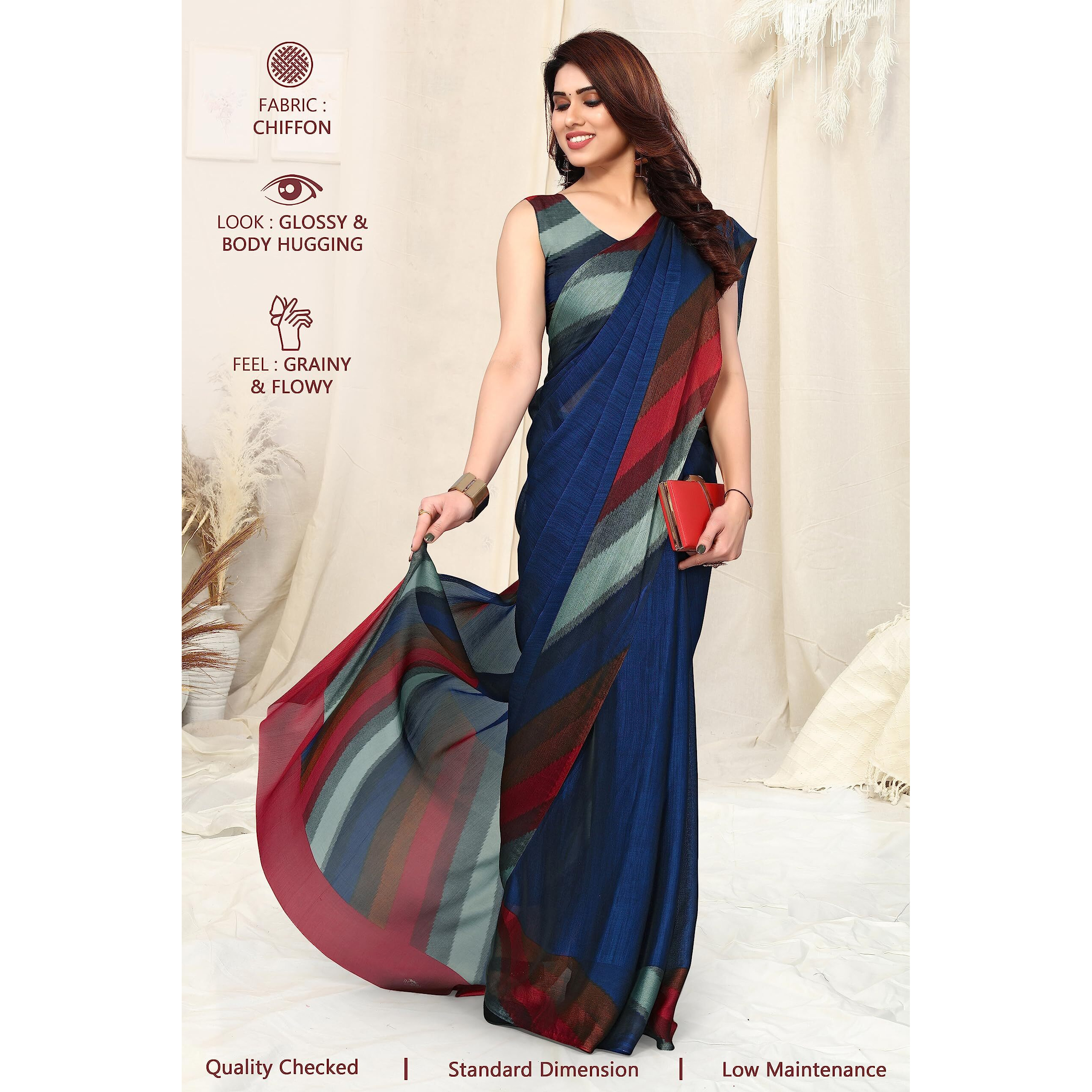 MIRCHI FASHION Womens Plain Weave Chiffon SolidStripe Print Saree with Blouse Piece (38161-Blue)