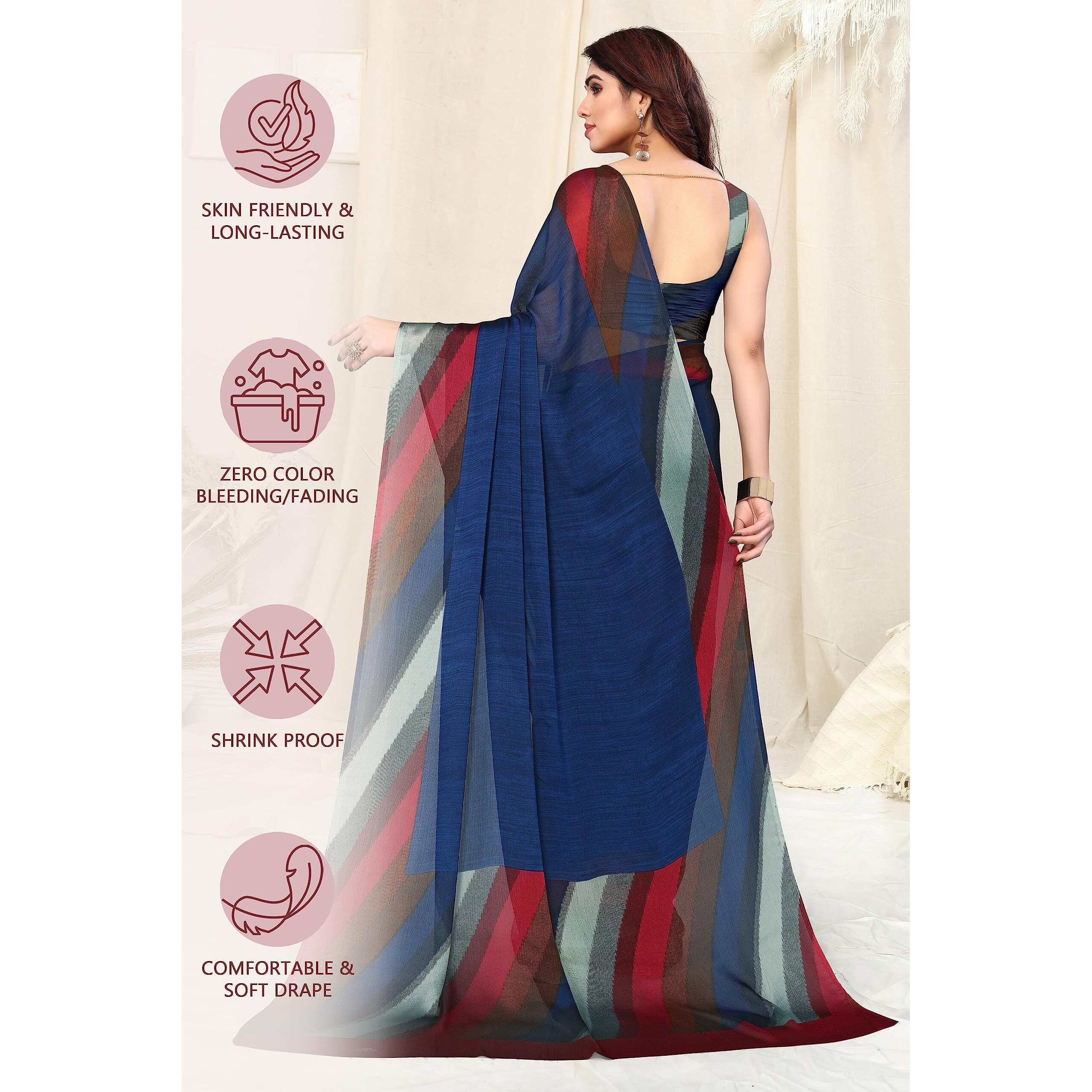 MIRCHI FASHION Womens Plain Weave Chiffon SolidStripe Print Saree with Blouse Piece (38161-Blue)