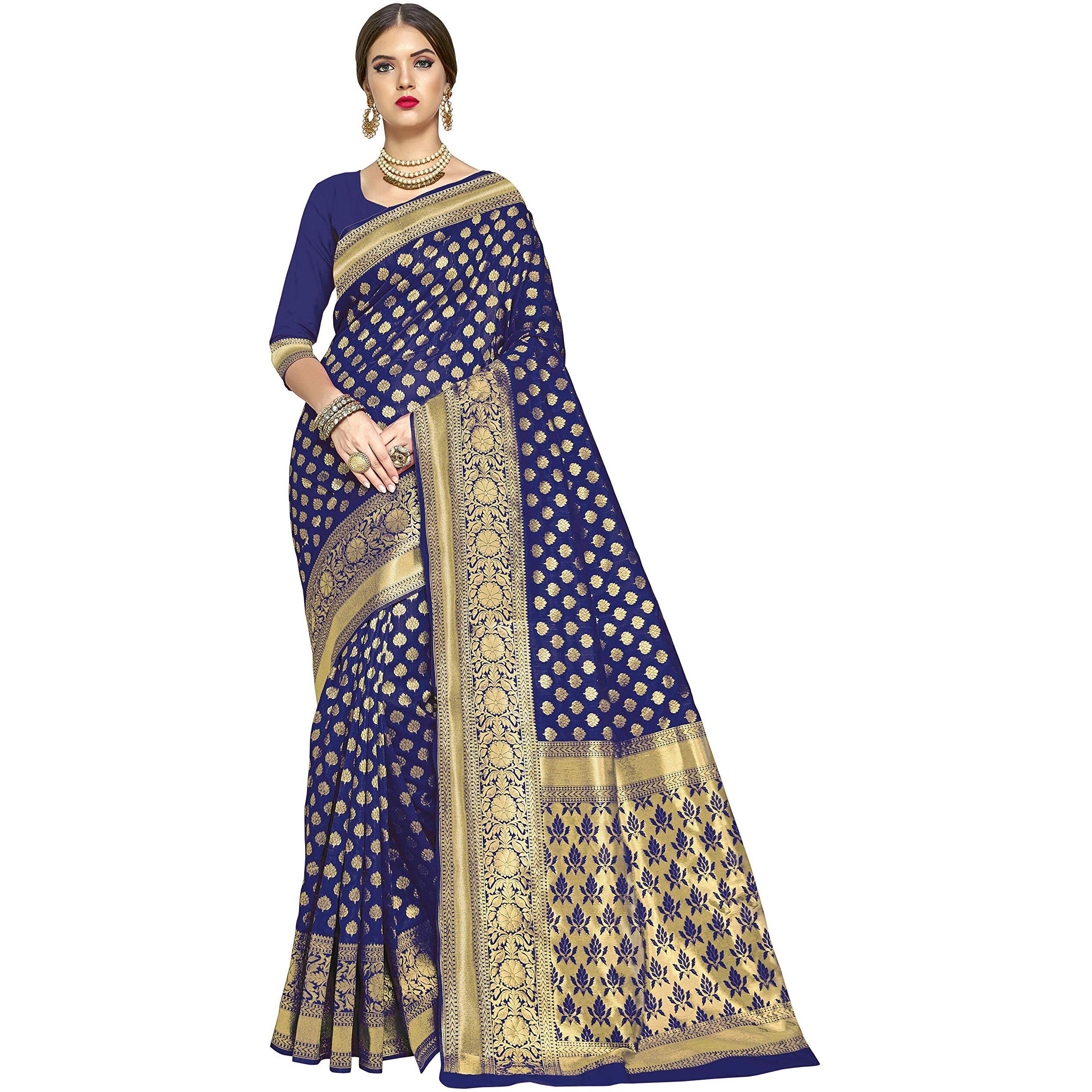 Glory Sarees Womens Jacquard Art Silk Kanchipuram Saree (kara115navyblue_Navy Blue)