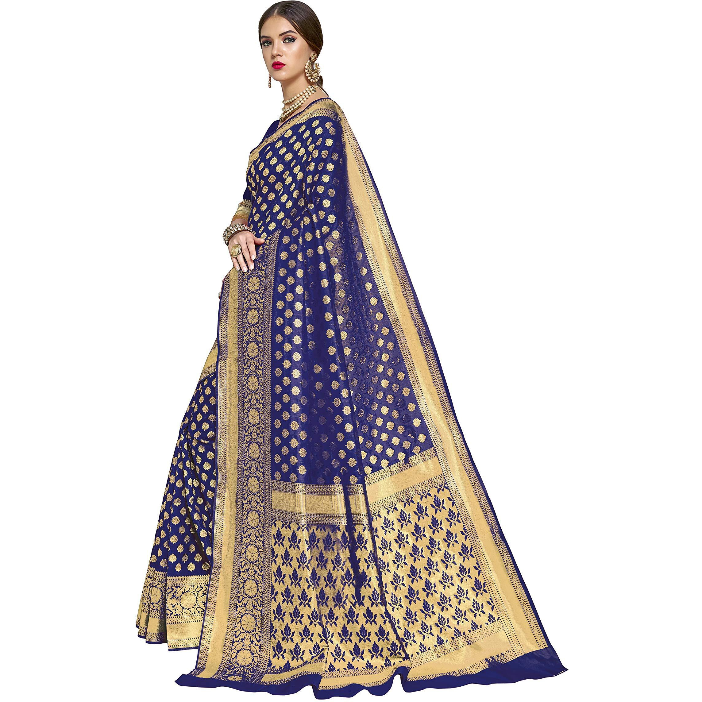 Glory Sarees Womens Jacquard Art Silk Kanchipuram Saree (kara115navyblue_Navy Blue)