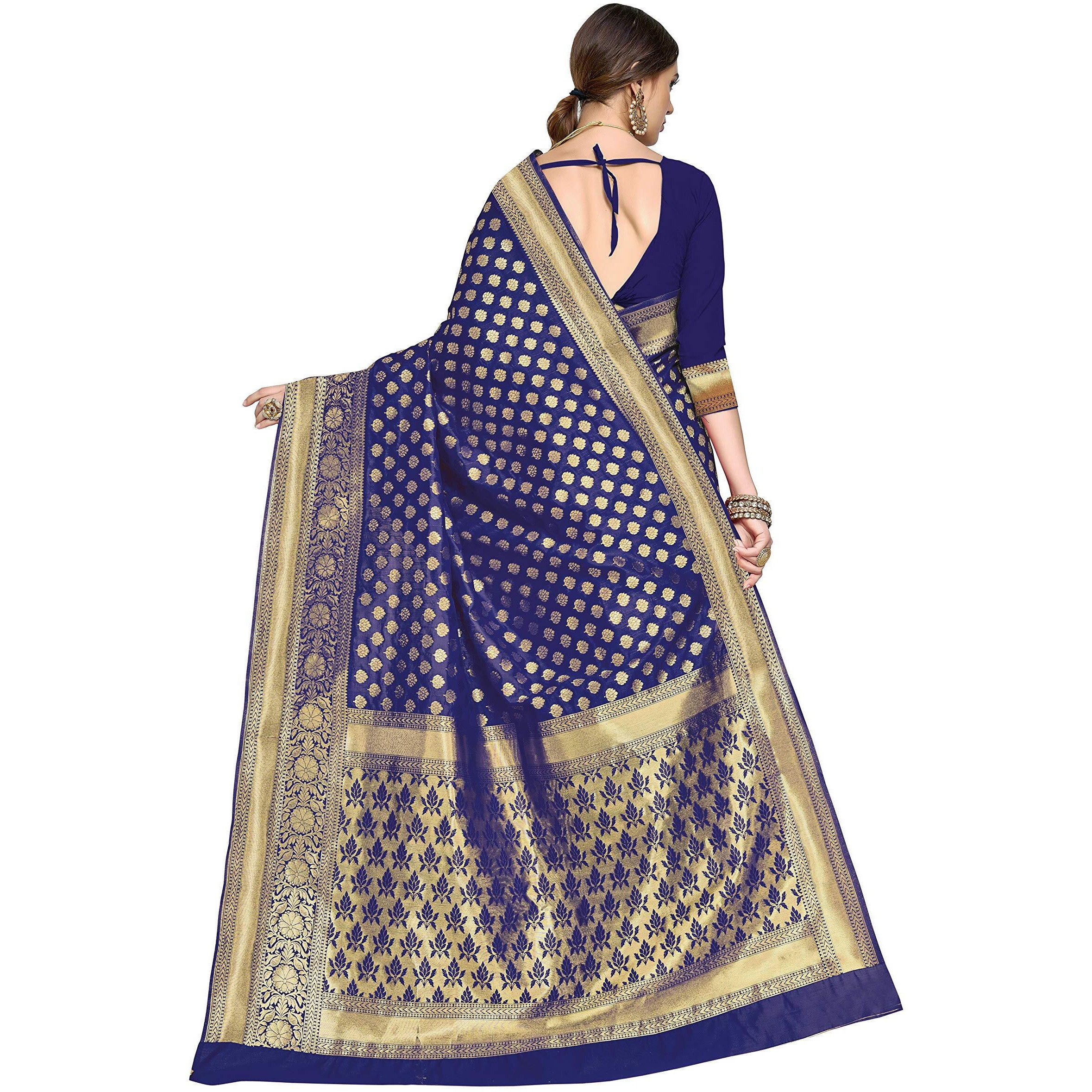 Glory Sarees Womens Jacquard Art Silk Kanchipuram Saree (kara115navyblue_Navy Blue)