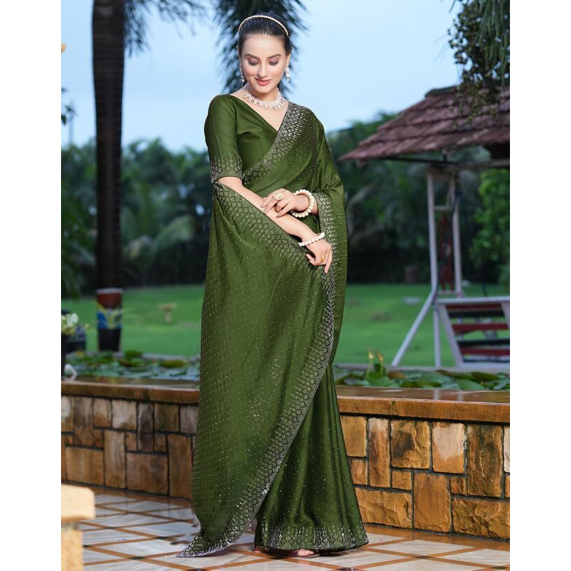 SIRIL Womens Hot Fixing Georgette Saree with Unstitched Blouse Piece (3186S132_Green)