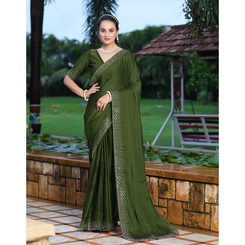 SIRIL Womens Hot Fixing Georgette Saree with Unstitched Blouse Piece (3186S132_Green)
