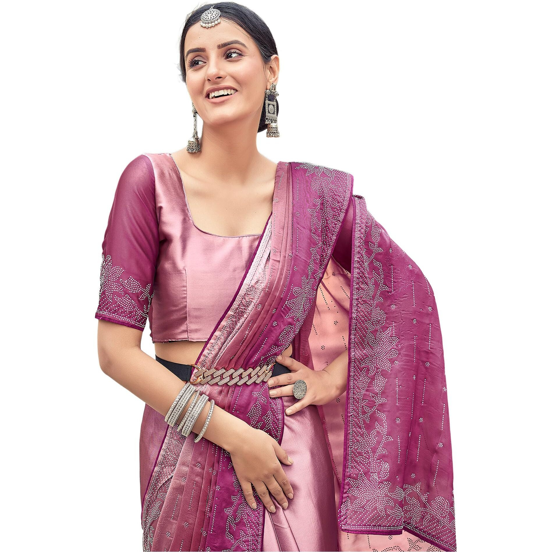 SIRIL Womens Georgette Hot Fixing Saree With Unstitched Blouse Piece (3430S280_Pink & Peach)