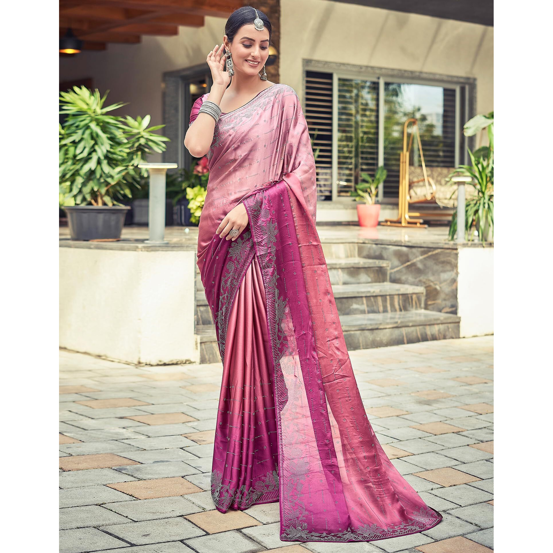 SIRIL Womens Georgette Hot Fixing Saree With Unstitched Blouse Piece (3430S280_Pink & Peach)