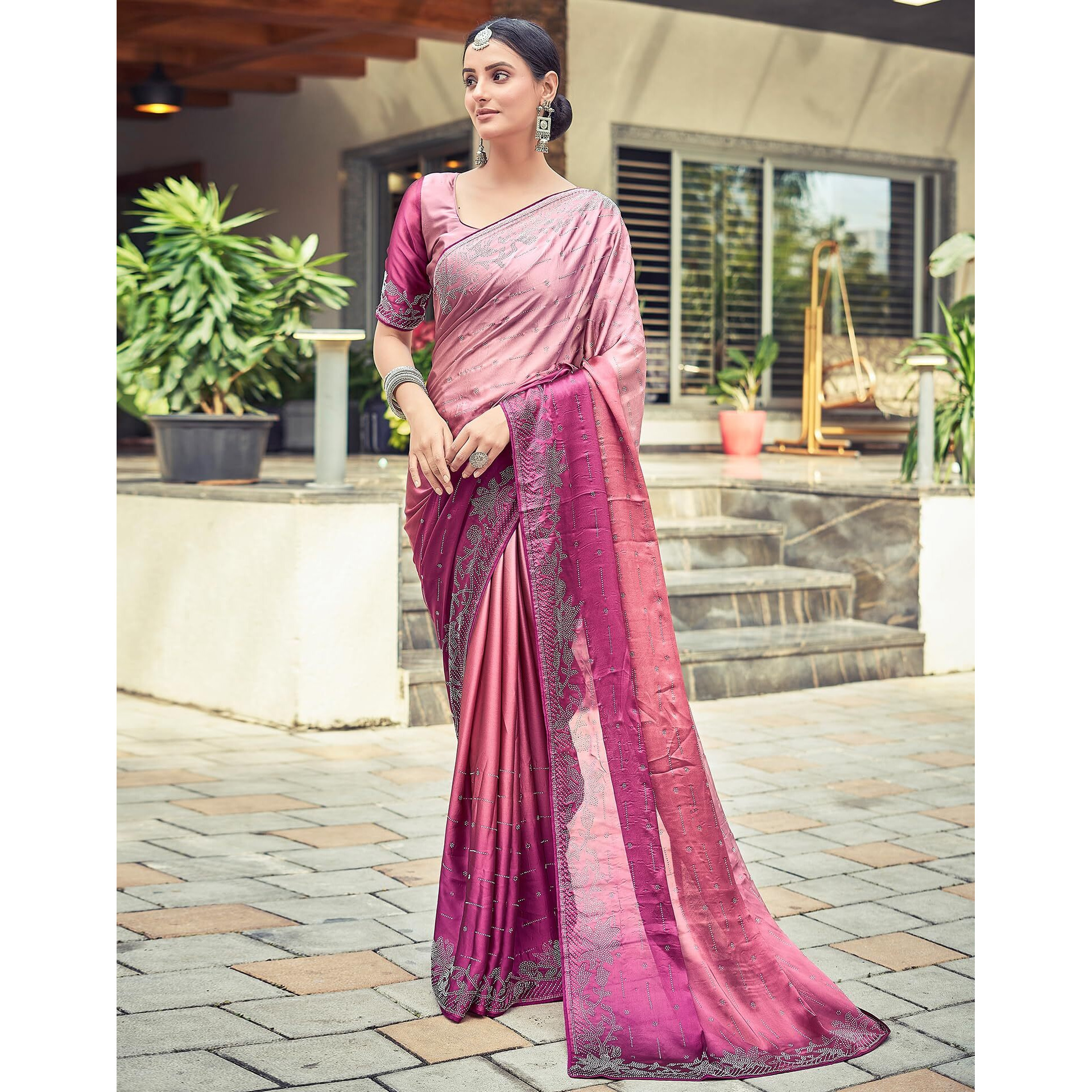 SIRIL Womens Georgette Hot Fixing Saree With Unstitched Blouse Piece (3430S280_Pink & Peach)