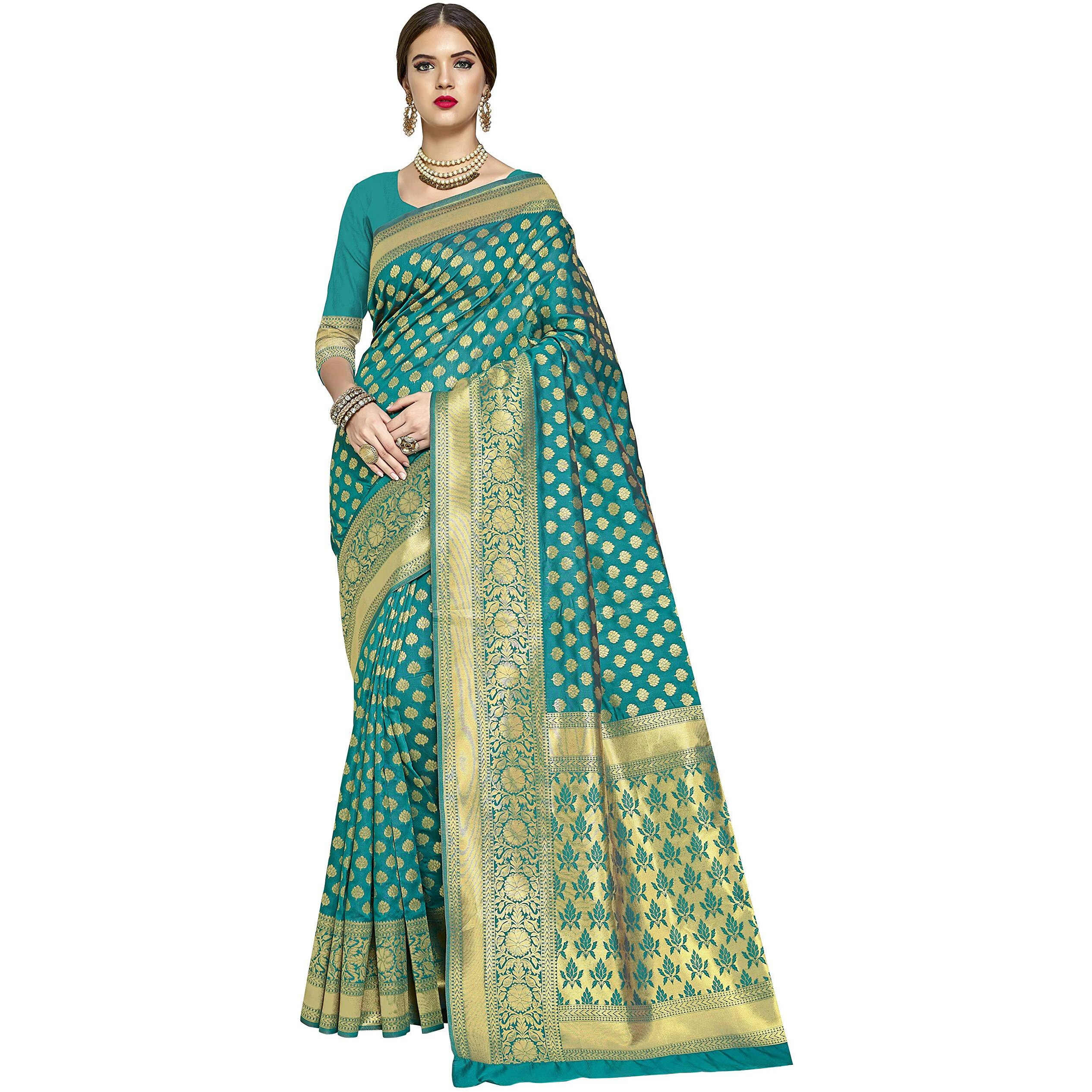 Glory Sarees Womens Jacquard Art Silk Kanchipuram Saree (kara115tealgreen_Teal Green)