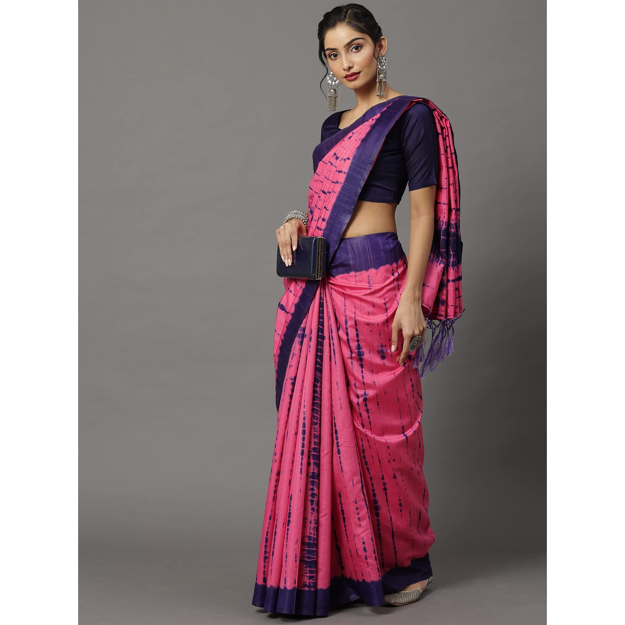 AKHILAM Womens Bhagalpuri Silk Shibori Block Print Saree with Unstitched Blouse Piece (Pink_18WOM18909)