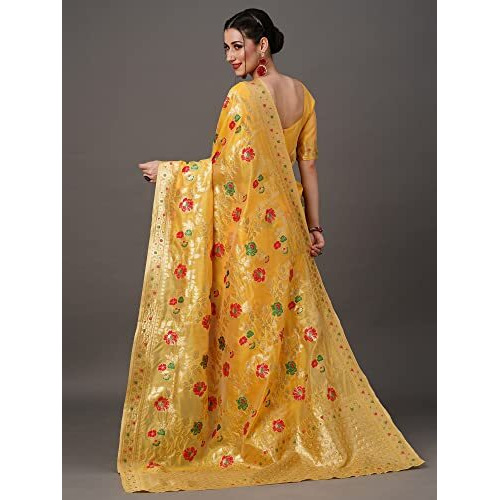 AKHILAM Womens Banarasi Ethnic Motif Organza Woven Zari Work Saree With Unstitched Blouse Piece (Yellow_SOHNA1203)