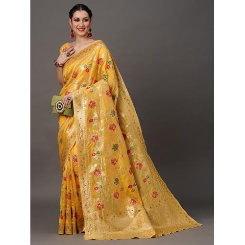 AKHILAM Womens Banarasi Ethnic Motif Organza Woven Zari Work Saree With Unstitched Blouse Piece (Yellow_SOHNA1203)