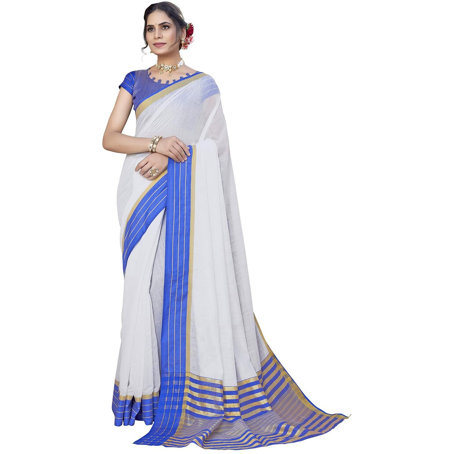 Yashika Womens Trendy Cotton Silk Saree with Blouse Material|| Pongal Special South Indian kerala Saree With Blouse Piece||(AZ-YS-OG-PONGAL ONAM-P) (Blue)