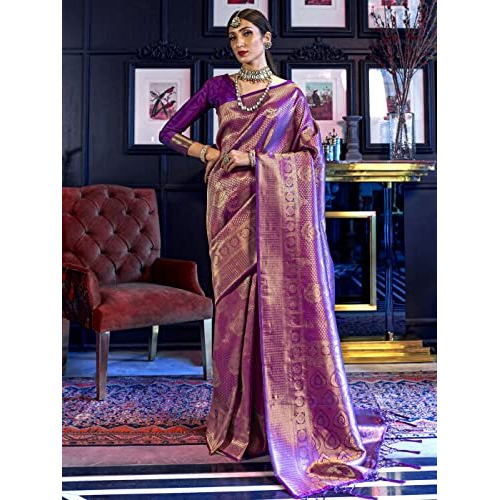 AKHILAM Womens Kanjivaram banarasi silk Woven Design Saree With Unstitched Blouse Piece (Wine_KNDIN145002_3)