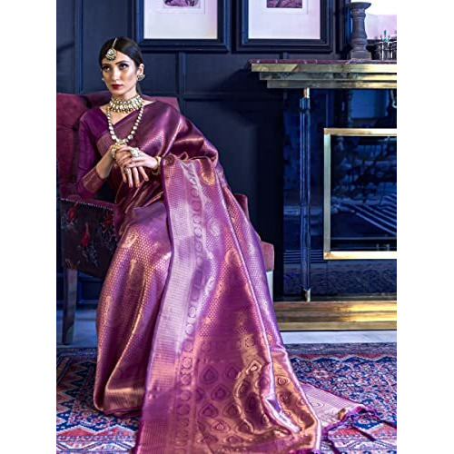 AKHILAM Womens Kanjivaram banarasi silk Woven Design Saree With Unstitched Blouse Piece (Wine_KNDIN145002_3)