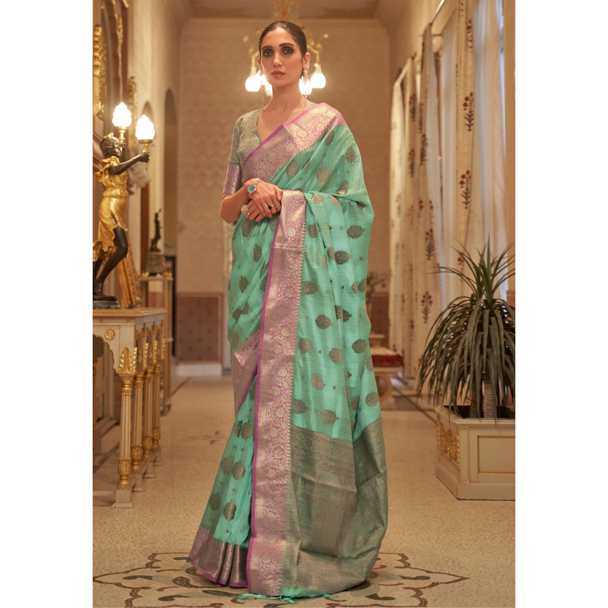 SGF11-Womens Kanjivaram Soft Silk Handloom Saree Golden Zari With Blouse Piece (Sea Green)