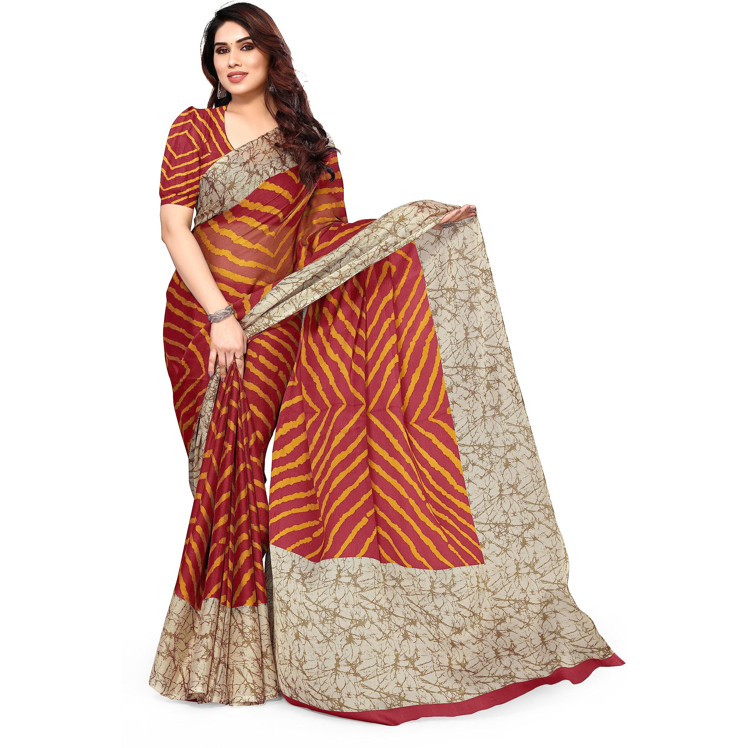 MIRCHI FASHION Womens Plain Weave Chiffon Laheriya Printed Saree with Blouse Piece (38661-Maroon, Mustard)