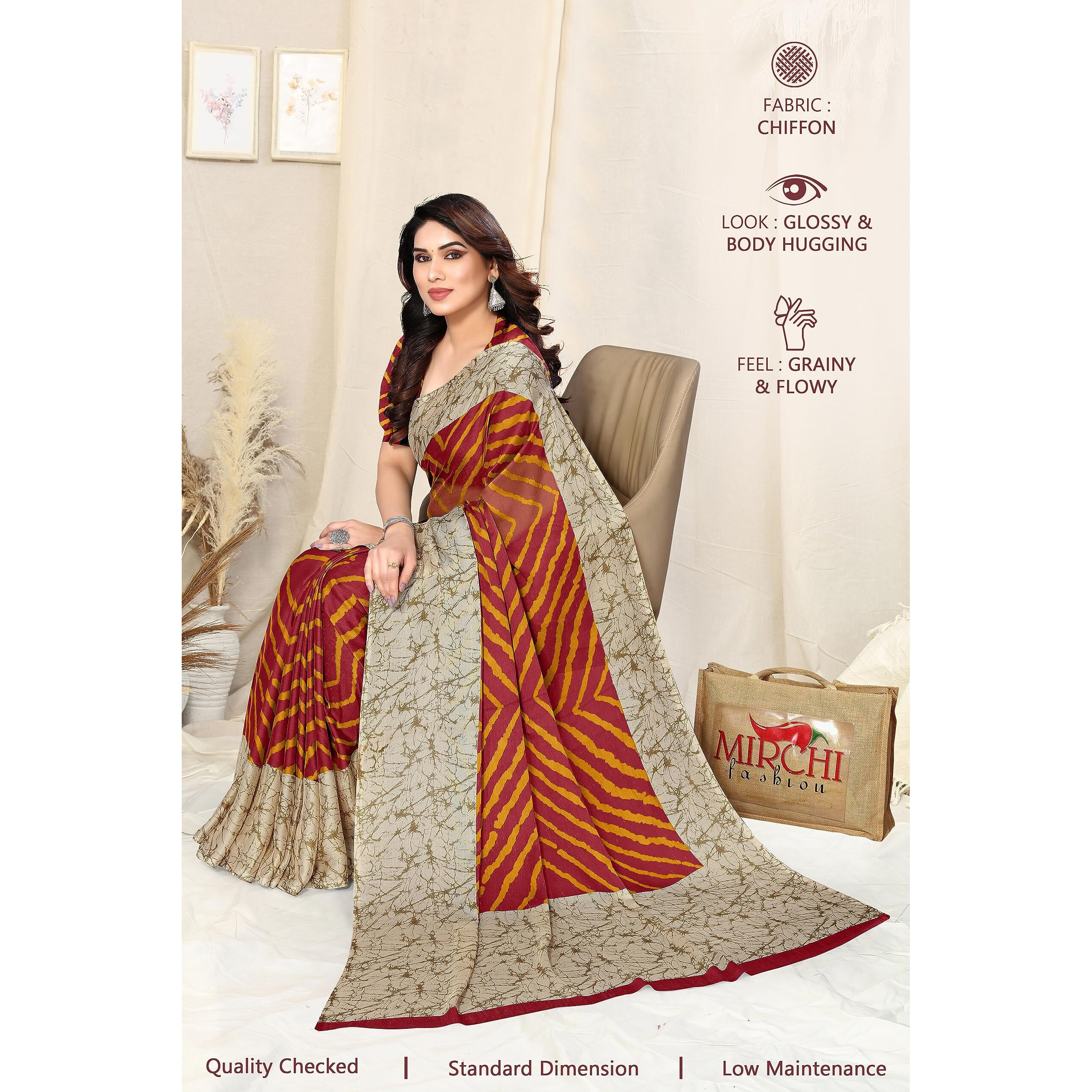 MIRCHI FASHION Womens Plain Weave Chiffon Laheriya Printed Saree with Blouse Piece (38661-Maroon, Mustard)