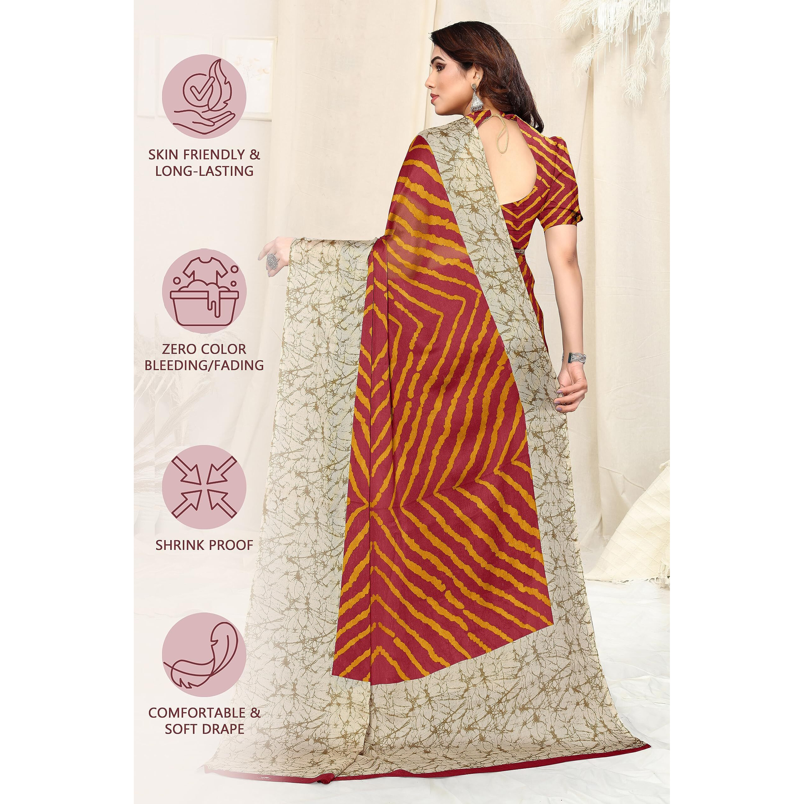 MIRCHI FASHION Womens Plain Weave Chiffon Laheriya Printed Saree with Blouse Piece (38661-Maroon, Mustard)