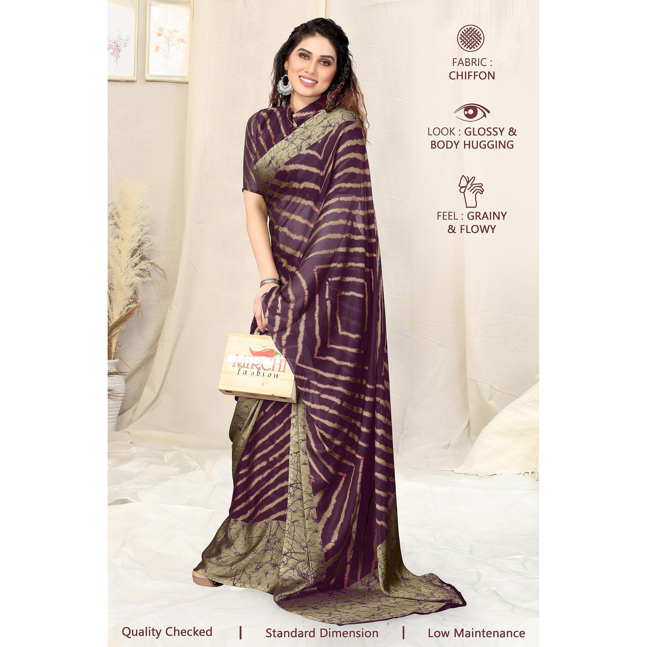 MIRCHI FASHION Womens Plain Weave Chiffon Leheriya Printed Saree with Blouse Piece (38883-Purple, Beige)