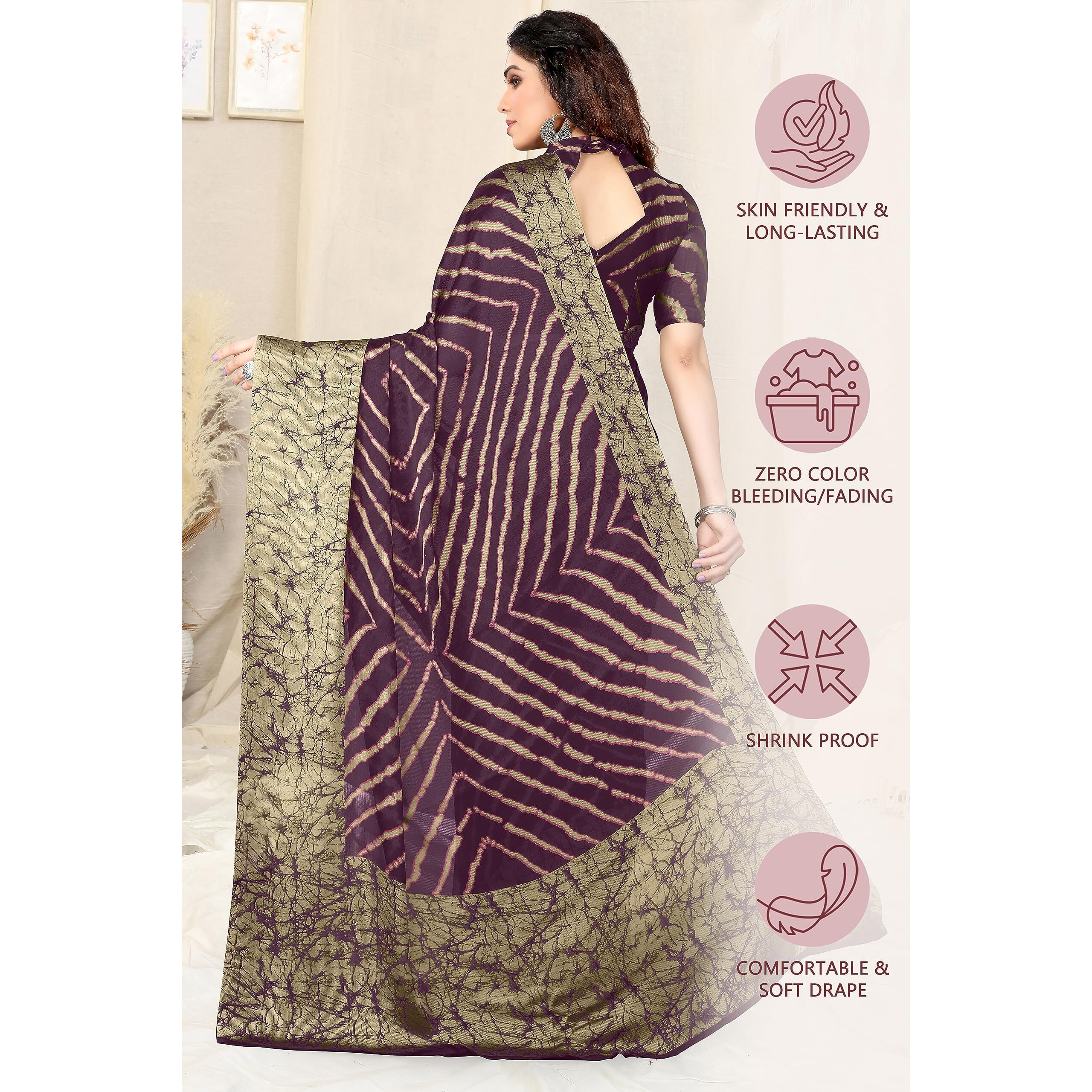 MIRCHI FASHION Womens Plain Weave Chiffon Leheriya Printed Saree with Blouse Piece (38883-Purple, Beige)