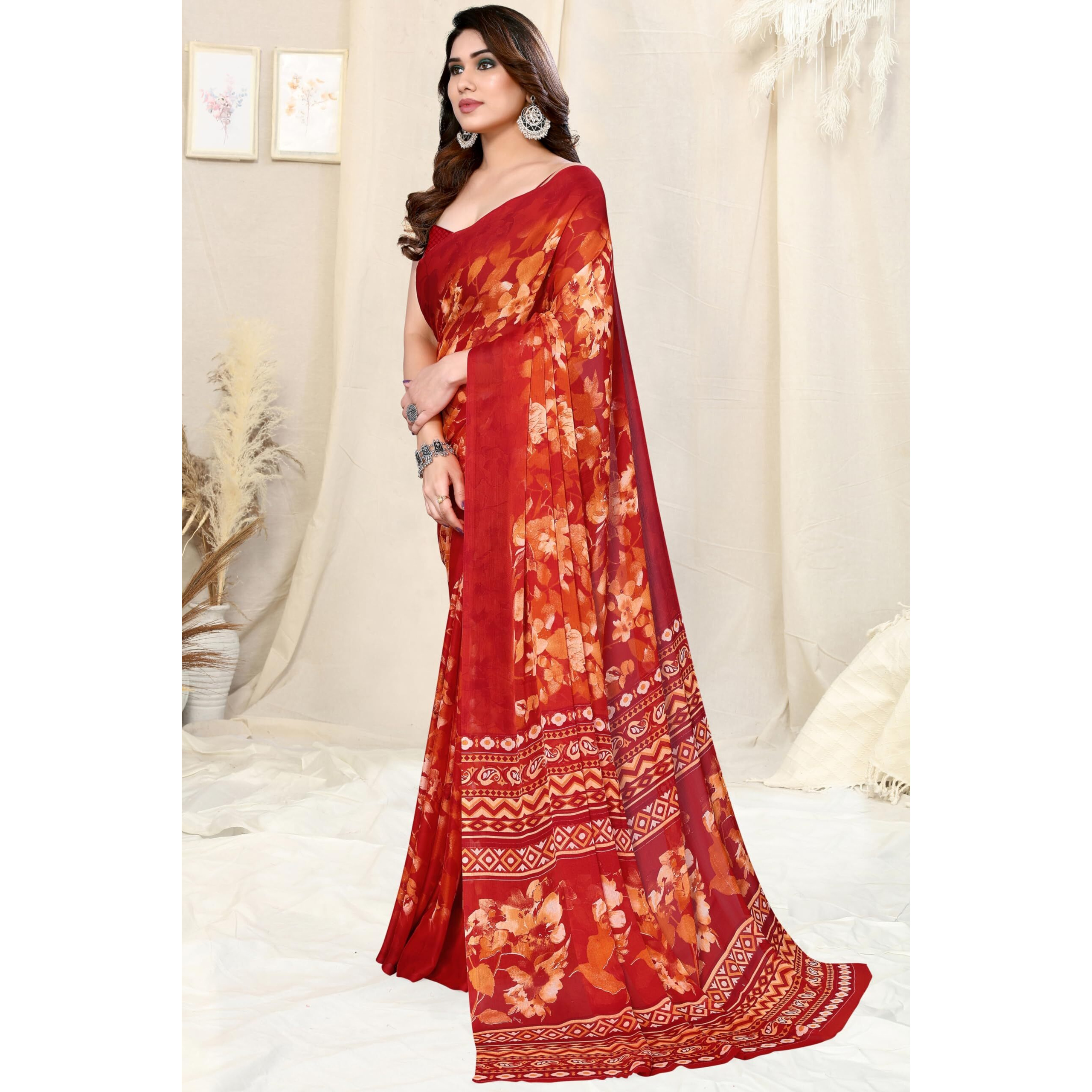 MIRCHI FASHION Womens Chiffon Floral Printed Saree with Blouse Piece (40702-Red)