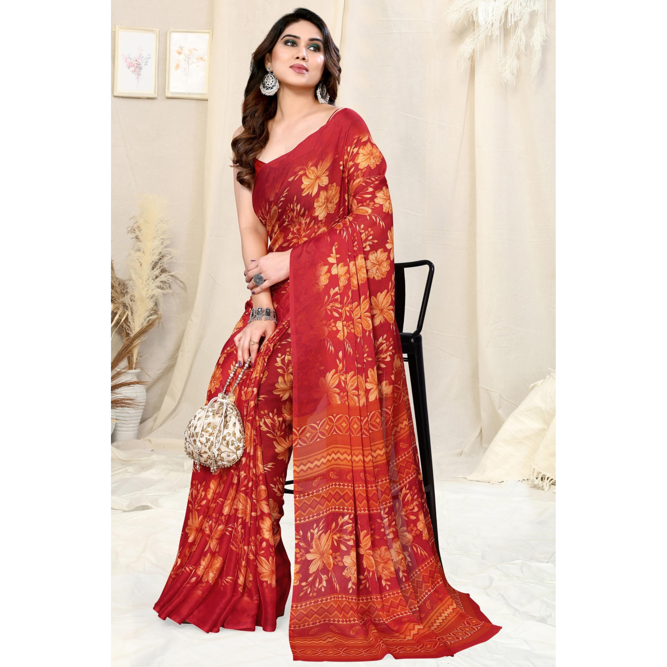 MIRCHI FASHION Womens Chiffon Floral Printed Saree with Blouse Piece (40705-Red, Yellow)