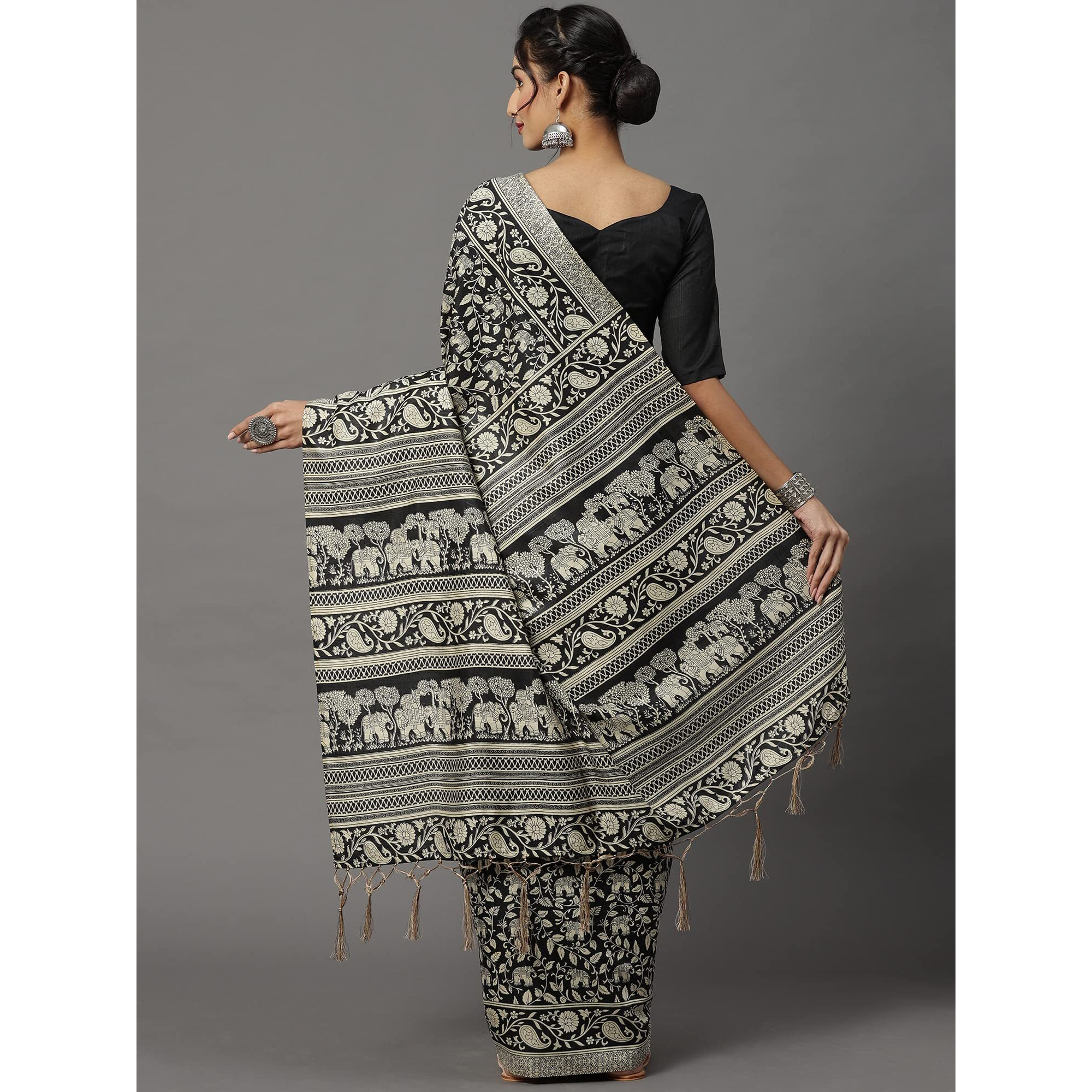 AKHILAM Womens Bhagalpuri Silk Elephant Printed Bagru Saree with Unstitched Blouse Piece (Black_18WOM18911)