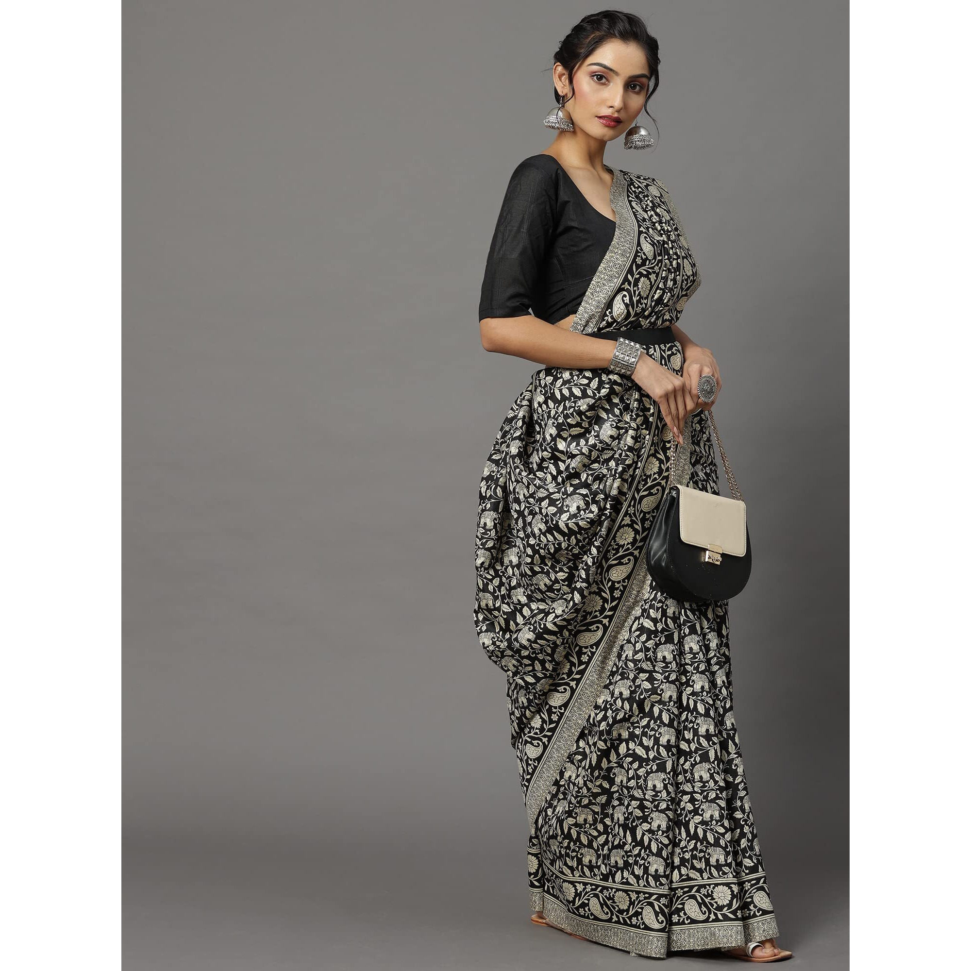 AKHILAM Womens Bhagalpuri Silk Elephant Printed Bagru Saree with Unstitched Blouse Piece (Black_18WOM18911)