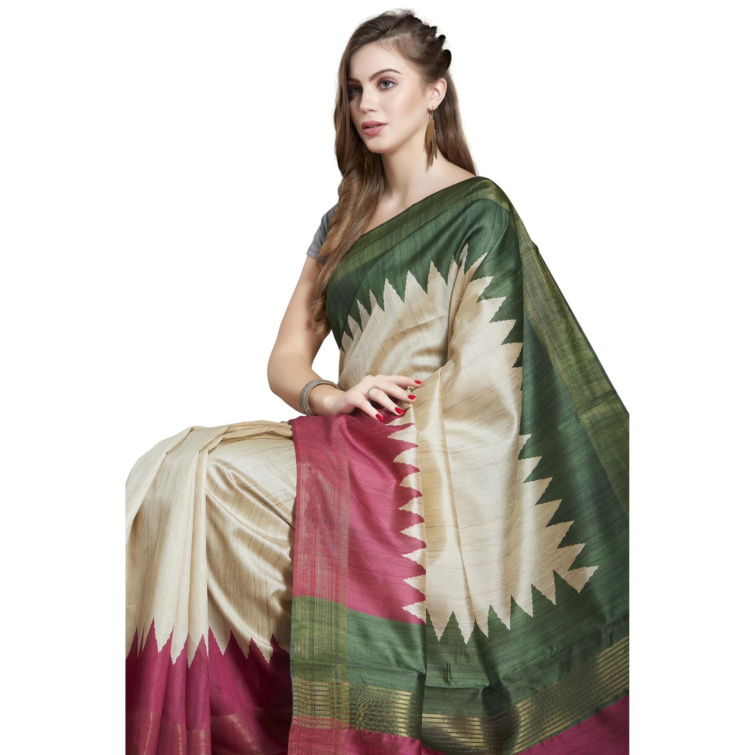 RANI SAAHIBA Womens Printed Art Tussar Silk Zari Border Saree With Blouse Piece (SKR11614_Beige - Magenta)