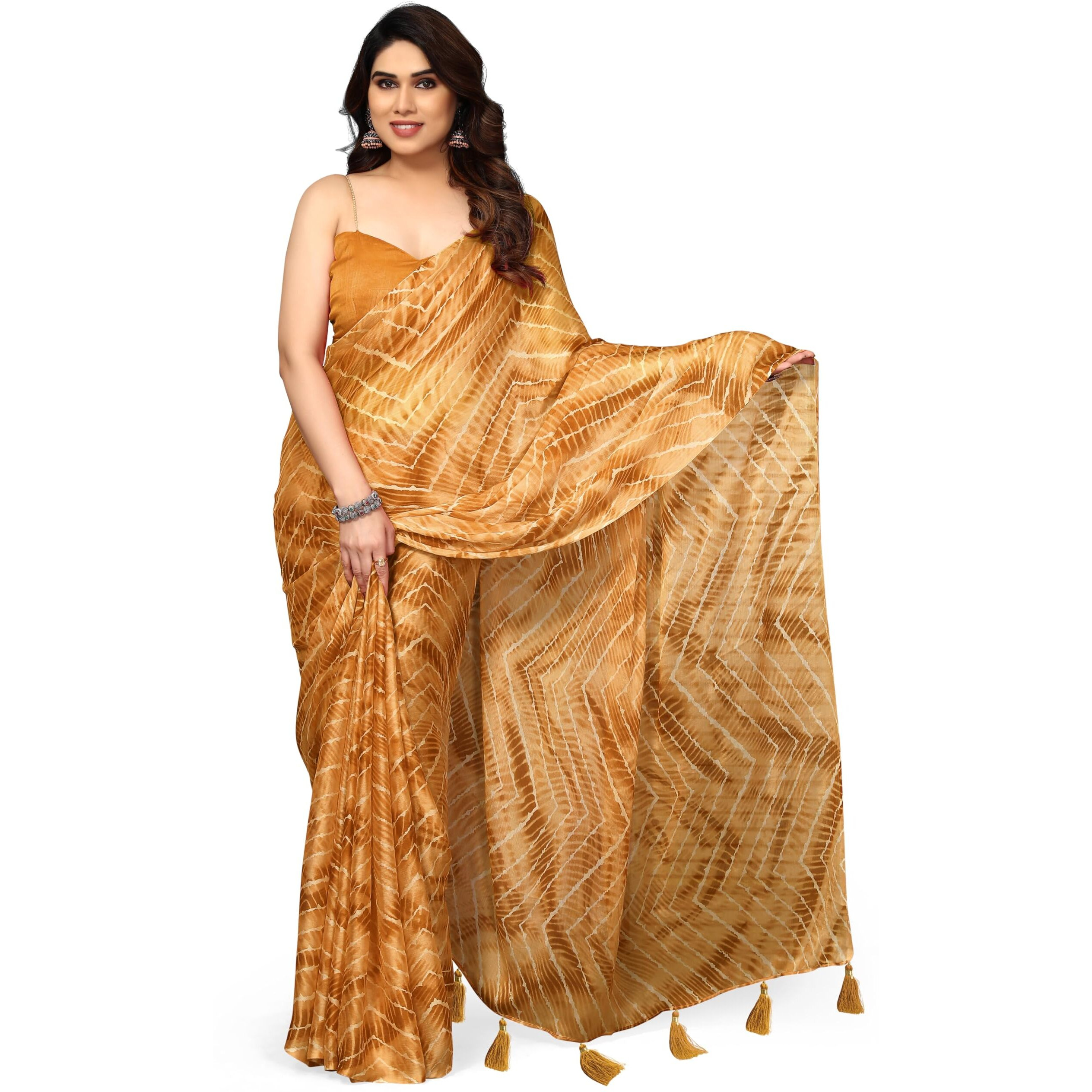 MIRCHI FASHION Womens Chiffon Chevron Shibori Printed Saree with Blouse Piece (41063-Mustard, Light Yellow)