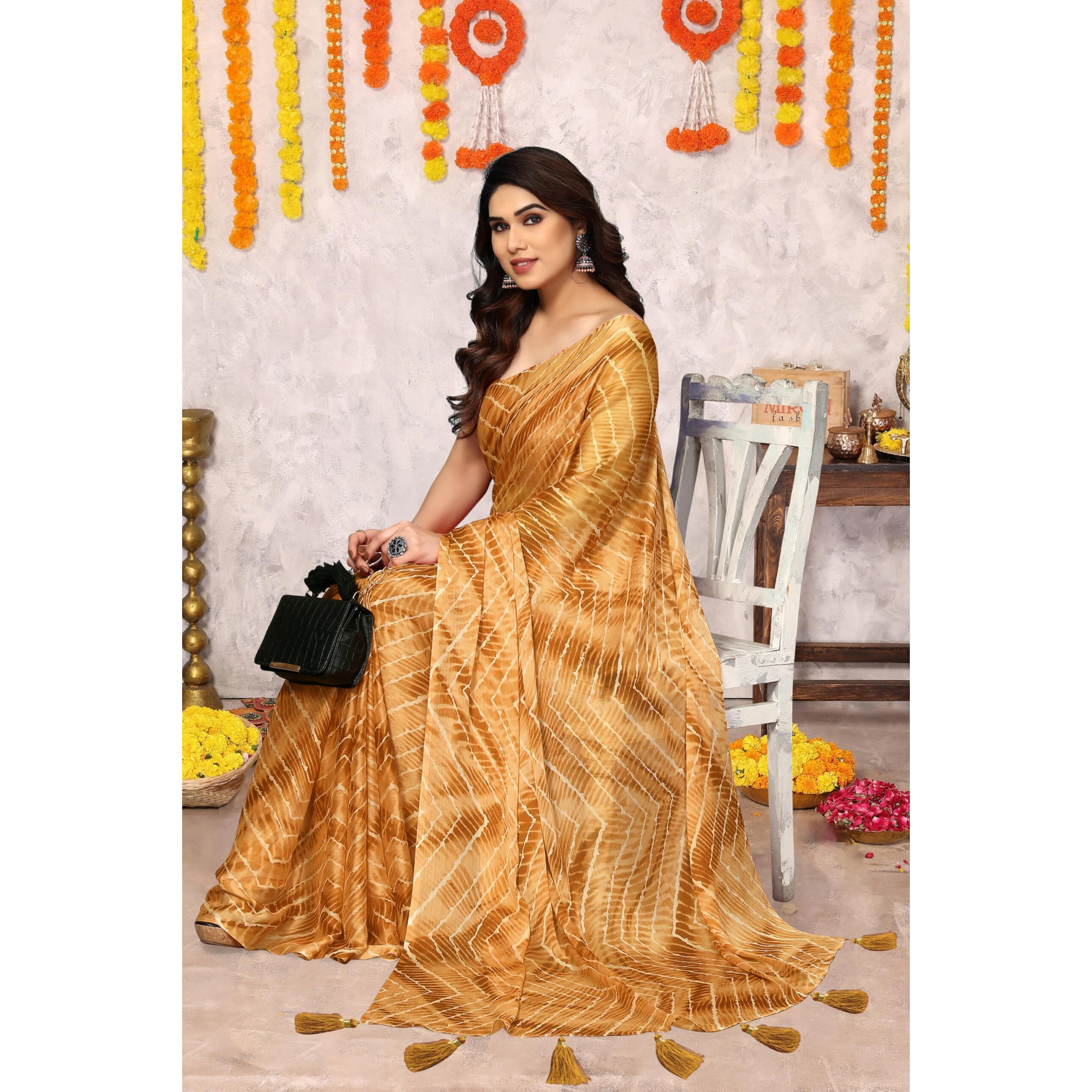 MIRCHI FASHION Womens Chiffon Chevron Shibori Printed Saree with Blouse Piece (41063-Mustard, Light Yellow)