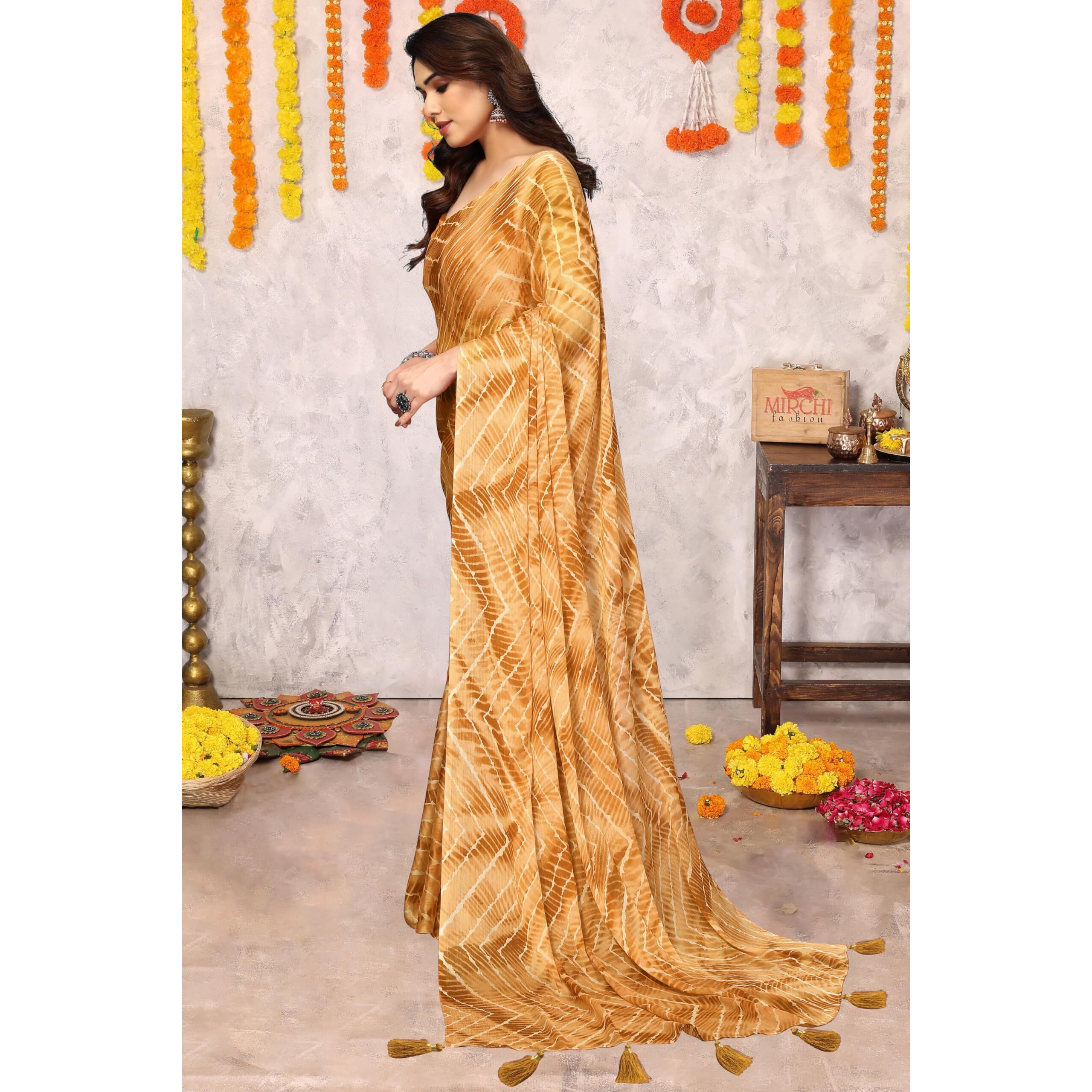 MIRCHI FASHION Womens Chiffon Chevron Shibori Printed Saree with Blouse Piece (41063-Mustard, Light Yellow)