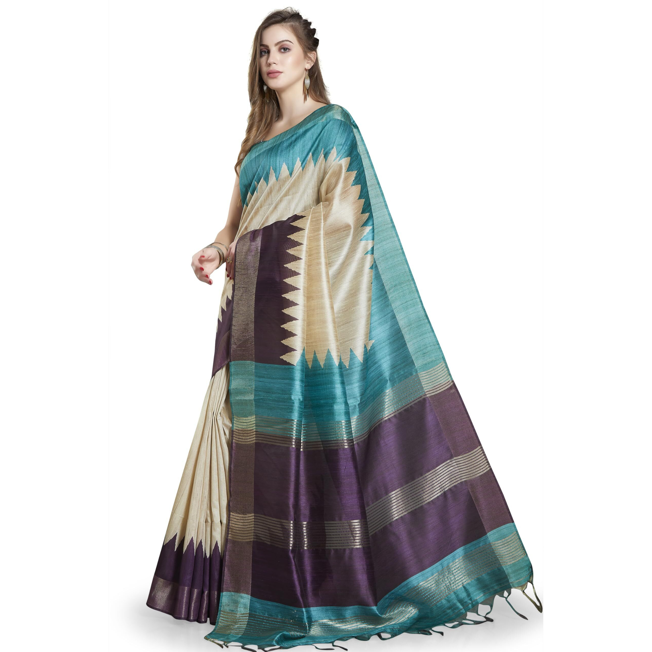 RANI SAAHIBA Womens Printed Art Tussar Silk Zari Border Saree With Blouse Piece (SKR11612_Beige- Purple)