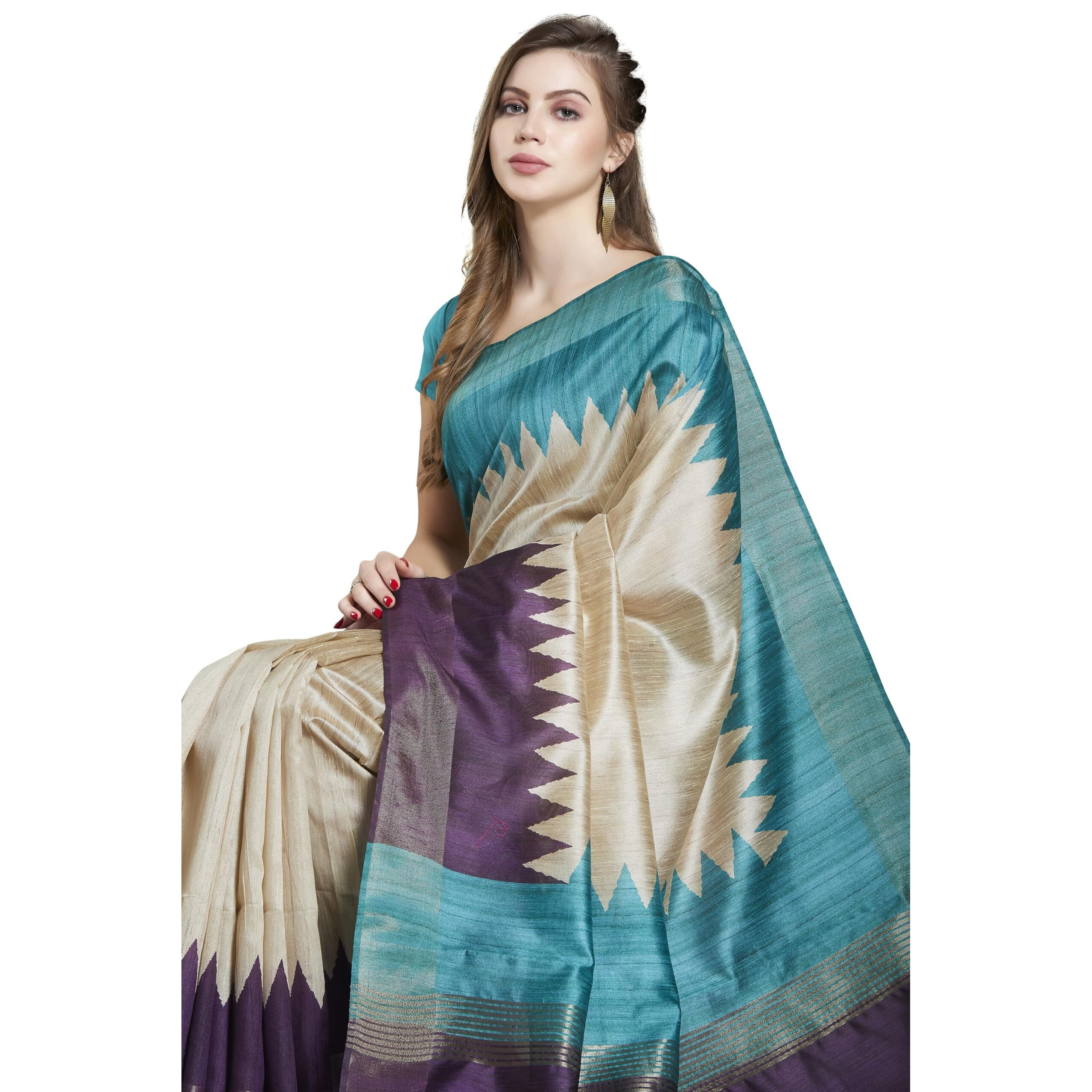 RANI SAAHIBA Womens Printed Art Tussar Silk Zari Border Saree With Blouse Piece (SKR11612_Beige- Purple)